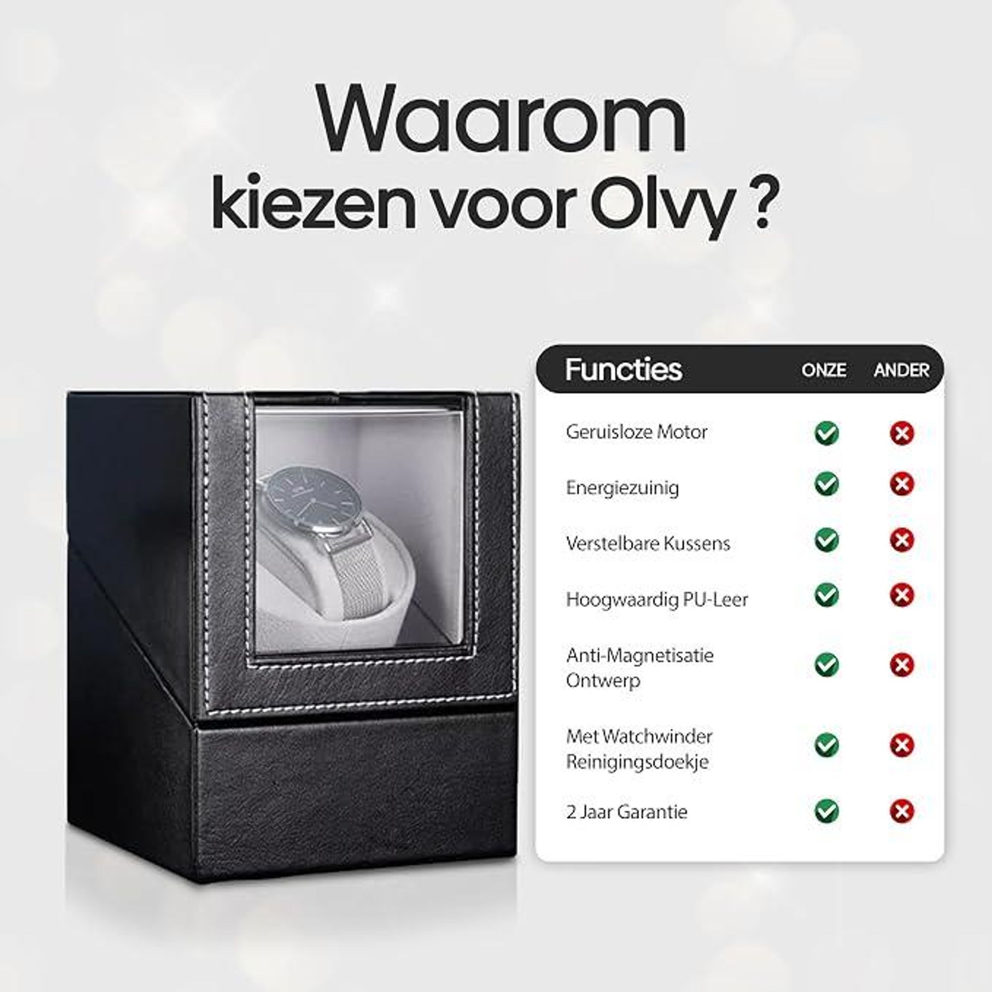 Olvy horlogewinder voor automaat horloges, met een extreem stille motor, een zacht horlogenkussen. Geschikt voor 1 horloge