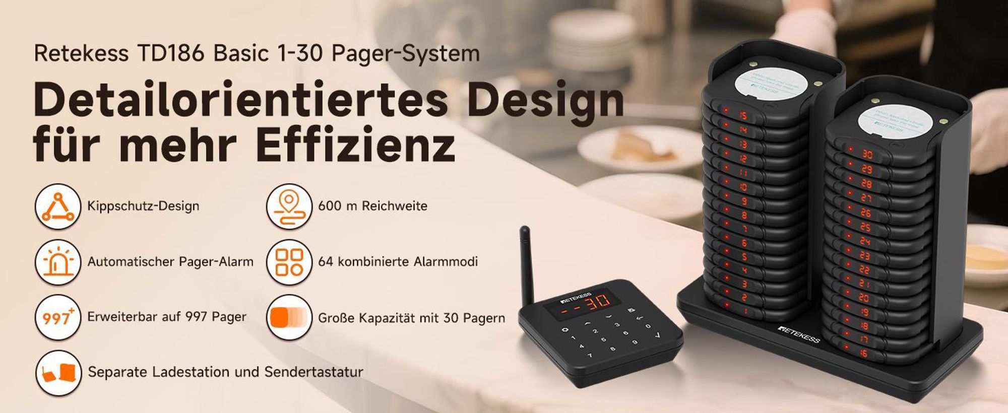 Retekess TD186 Restaurant Pager System, 600 m, Kippdesign, 64 Rufkombinationen, automatische Weckfunktion, für Restaurant Bars Café