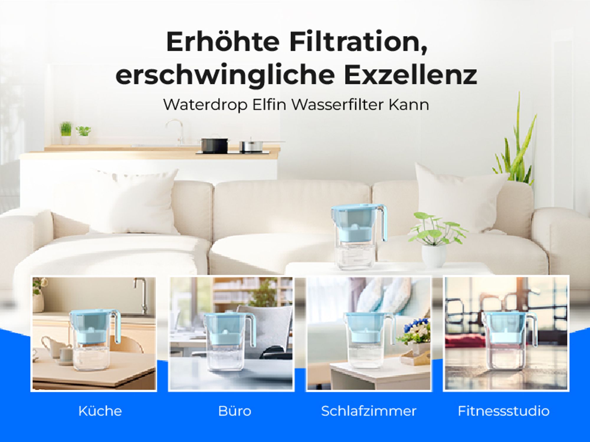 Waterdrop Wasserfilter Kanne Kühlschrank Wasserfilterkrug mit 3-Monats-Filter, 2,5 L,  NSF-, BPA-frei, Blau (Ersatzfilter: WD-PF-01A Plus)