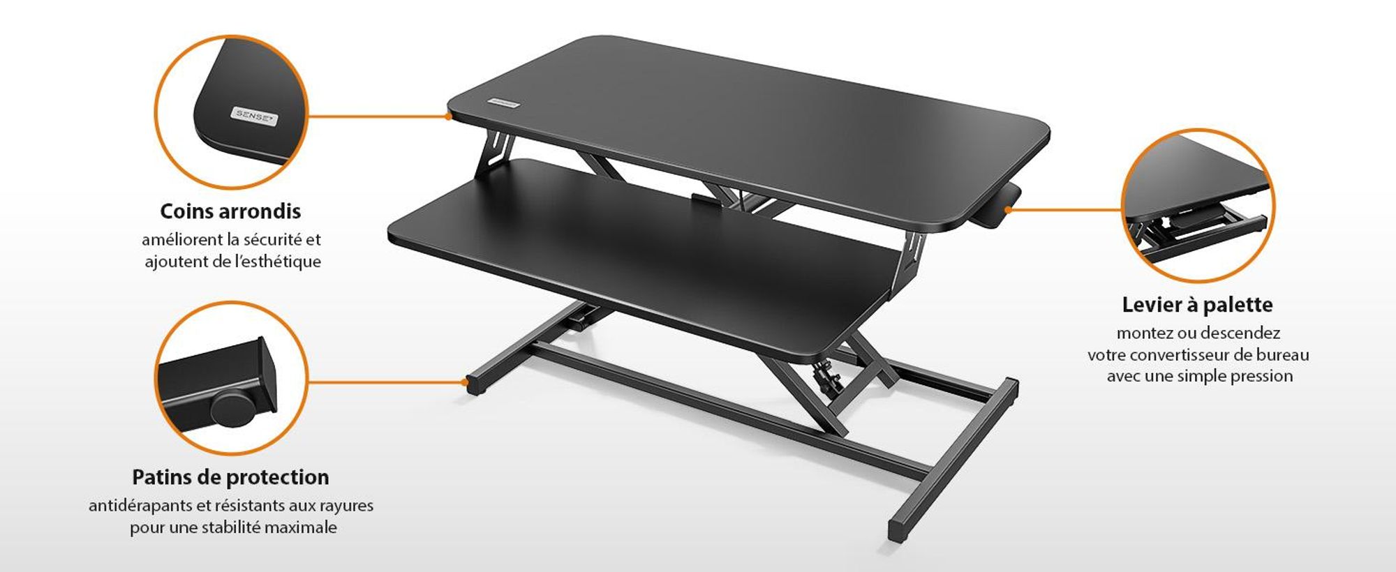 SENSE7 Desktop - Convertisseur noir, rehausse de bureau ergonomique, réglable en hauteur, poste de travail assis-debout, 81 x 40 cm, pupitre de bureau, support d'écran, PC