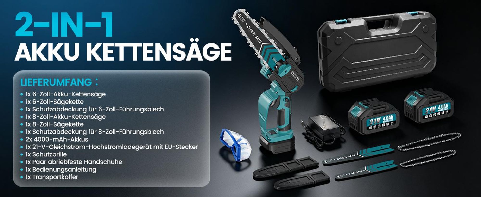 Akku-Kettensäge 6+8 Zoll Bürstenloser Mini Kettensäge mit 2x 4000 mAh Akku, 1200W Einhand HandKettensäge für Gartenscheren Holzschneidenz