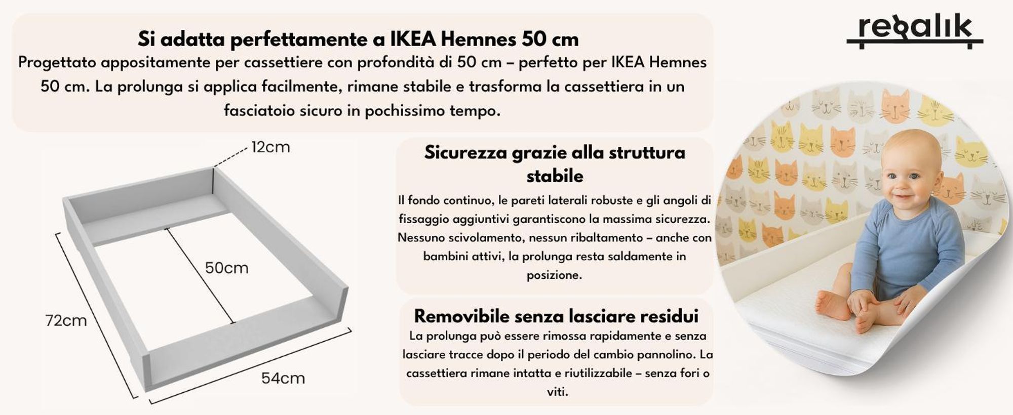 piano fasciatoio regalik con top per Hemnes di IKEA, Piano fasciatoio per cassettiera 50x160 cm, Piano fasciatoio rimovibile, Pannelli frontali arrotondati, Rovere