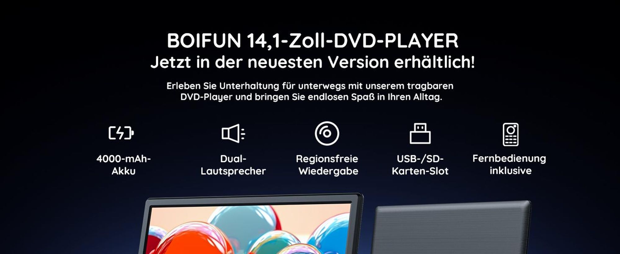15.7" Tragbarer DVD-Player mit 14"HD-Drehbildschirm, ideal fürs Auto 6 Stunden Akkulaufzeit intelligente SpeicherwiedergabeAlle Region Dual-Lautsprech
