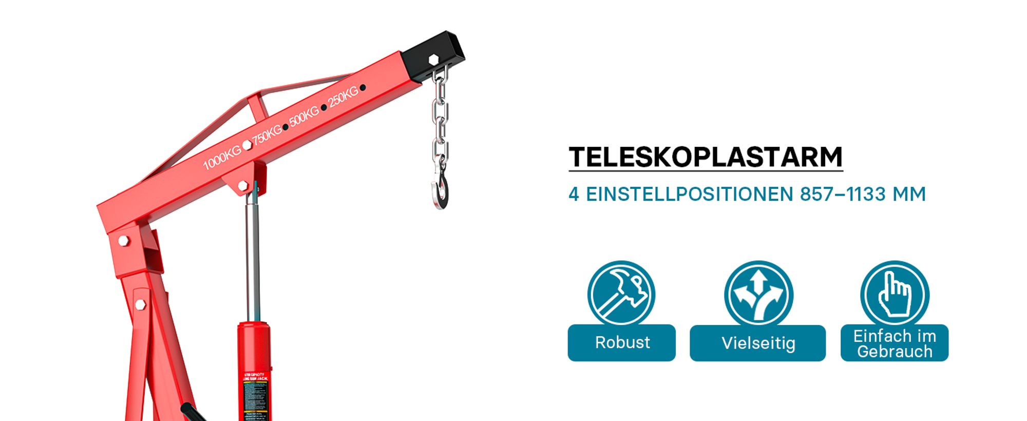 Werkstattkran klappbar für Lasten bis 1000 kg Hubarm 857-1133 mm Lastkran Motorkran Motorheber Schwerlastkran