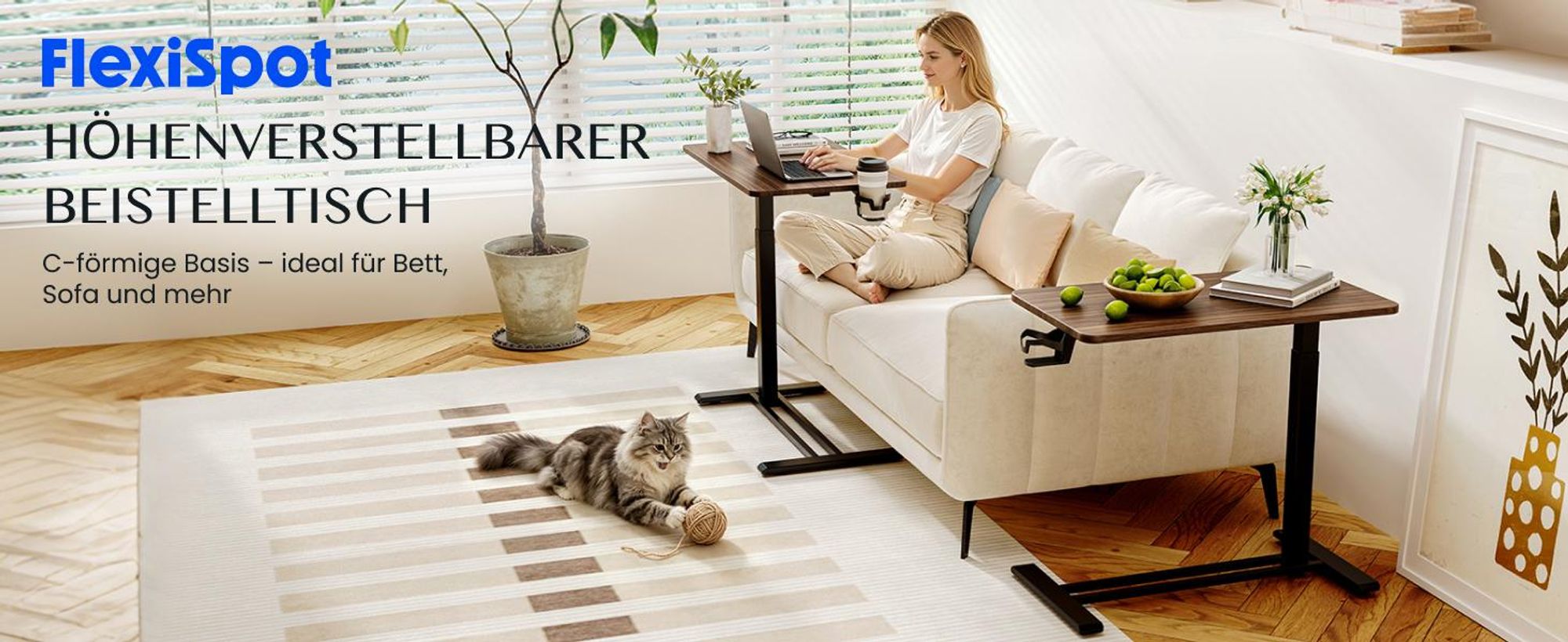 FLEXISPOT Beistelltisch Höhenverstellbar in C-Form, Laptoptisch mit Rollen, 66–106 cm, Nachttisch, für Bett und Sofa, Schwarz