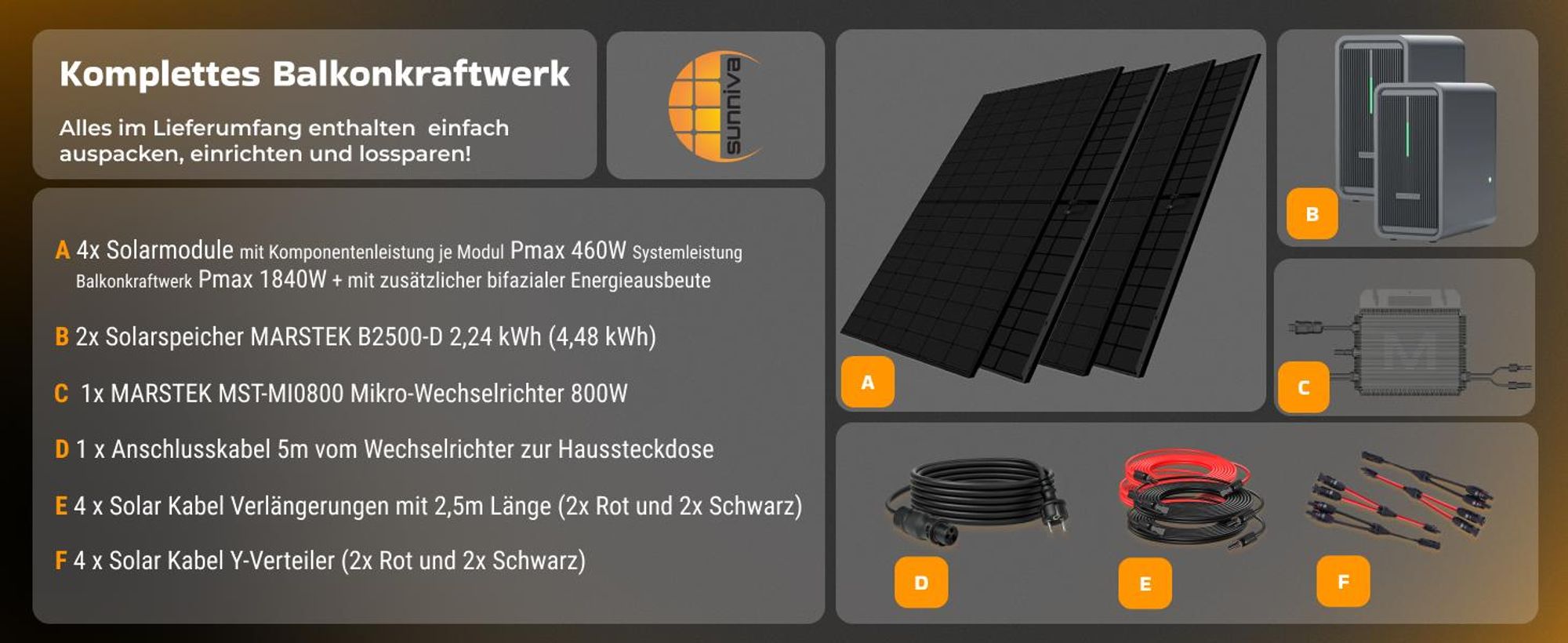 SUNNIVA® 1840W Balkonkraftwerk mit 4.48 kWh Speicher Marstek 2x B2500-D, 4x 460W BIFAZIAL FULLBLACK komplett Steckdose, PV Solaranlage + Solarspeicher