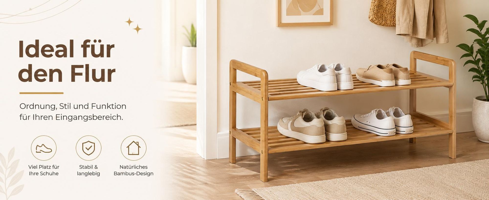 BEGRYF Schuhregal aus Bambus 2 Ebenen 70 cm Schuhbank Flur Holz Regal mit Seitengriffen