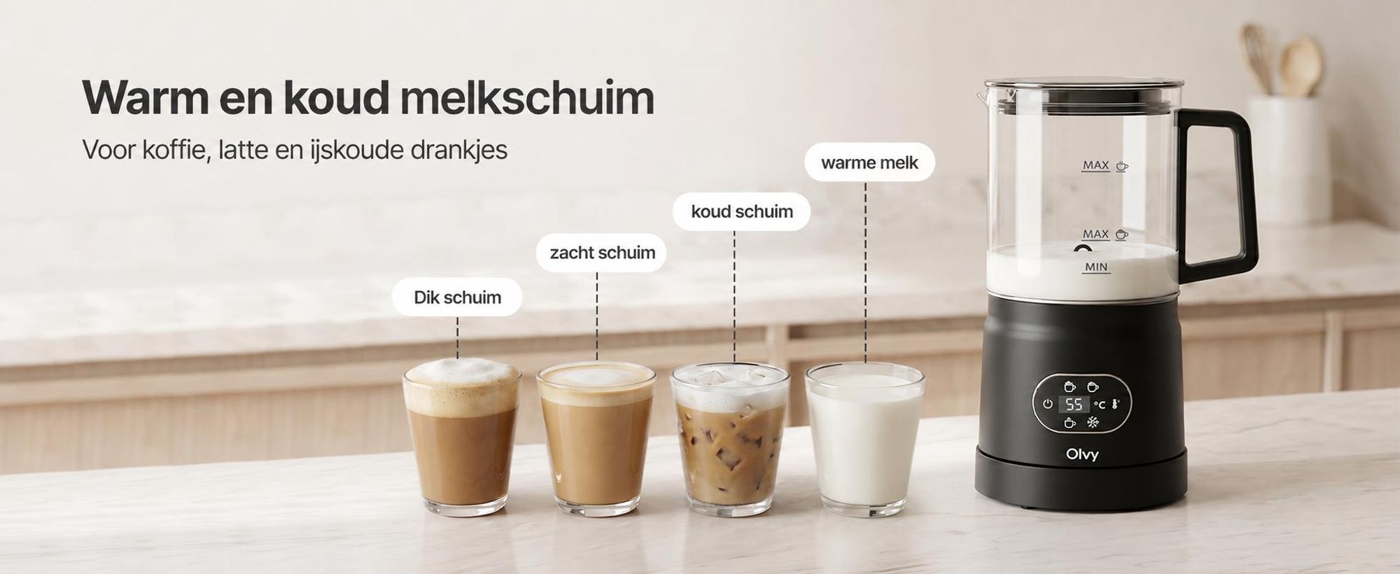 Olvy Elektrische melkschuimer van glas, 4-in-1, 500W, met temperatuurindicator, 160 ml melkschuim, 400 ml verwarmde melk, voor warme en koude melkschuim, zwart