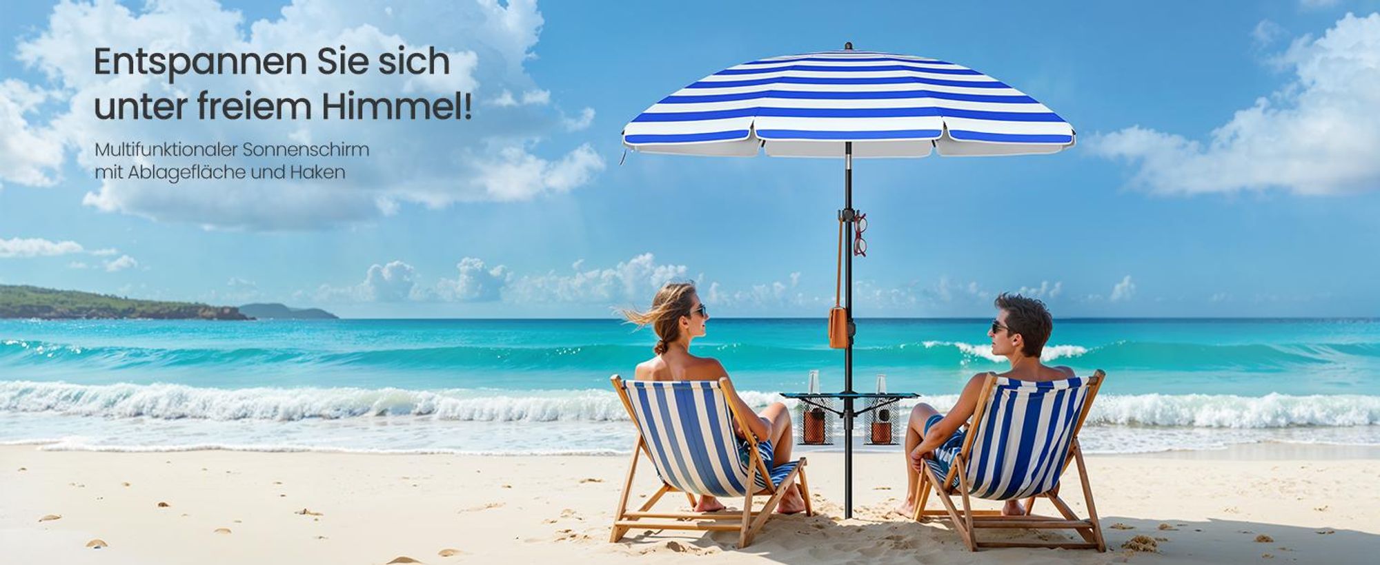 SONGMICS Sonnenschirm ∅160 cm, Strandschirm, Sonnenschutz UPF 50+, Ablagefläche