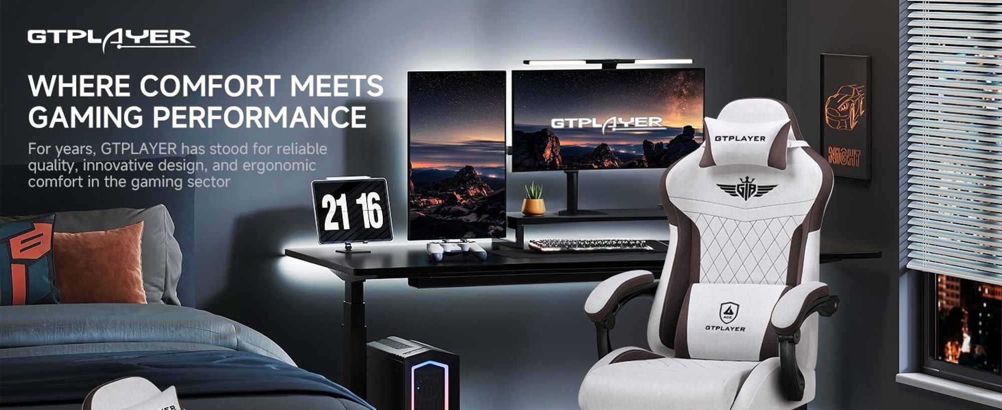 GTPLAYER Gaming Stuhl, Ergonomischer Gamer Stuhl aus Stoff mit Lendenwirbelstütze, PC-Stuhl mit verbreiterter Rückenlehne, Belastbar bis 150 kg, Braun