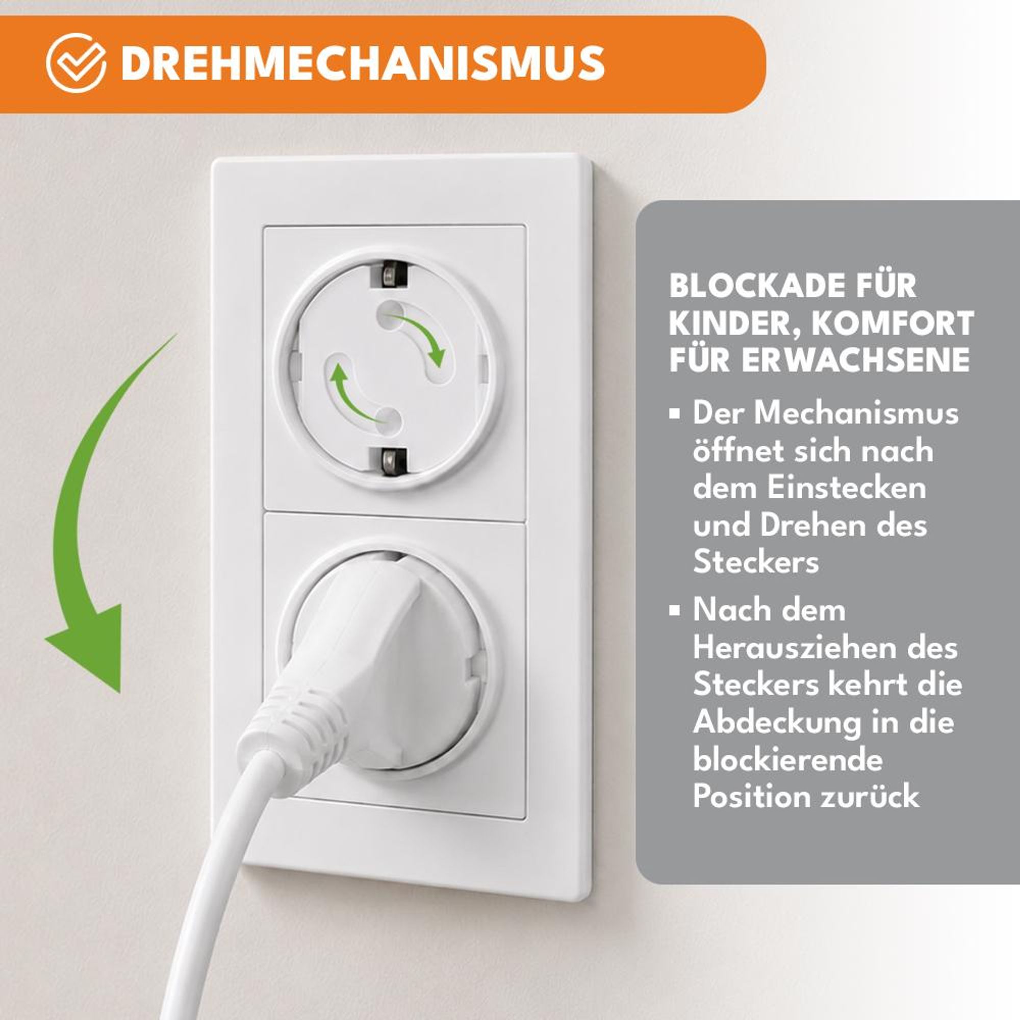 KRUMAD Kindersicherung Steckdose 20 Stück, Steckdosenschutz mit Drehmechanik ohne Kleben, Kinderschutz Steckdosen Weiß