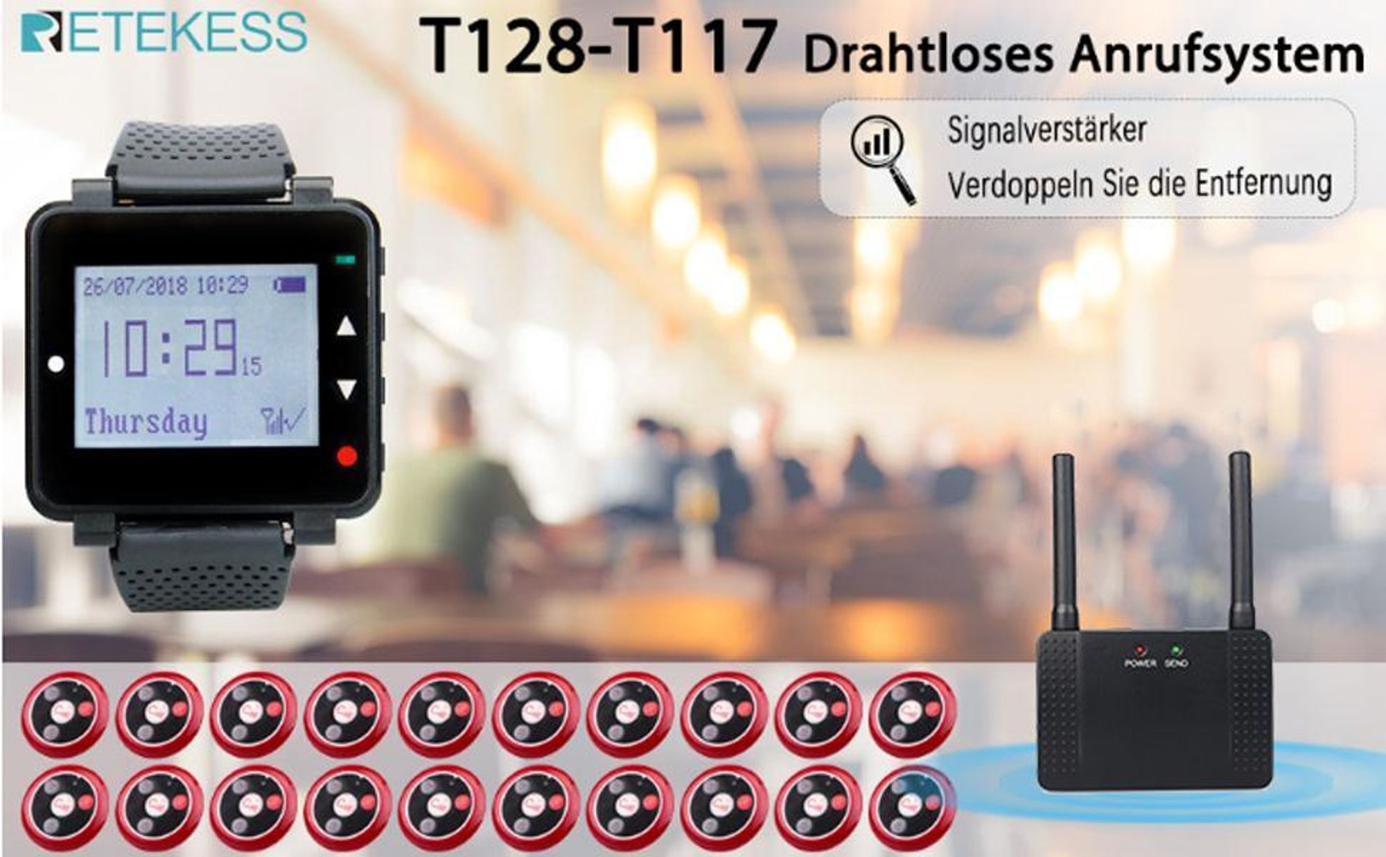 Retekess T128-T117 Drahtloses Funkrufsystem, Restaurant Pager, 1 Uhr und 20 Ruftasten für Krankenhäuser Bars Zahnarztpraxis Veterinärgeschäft