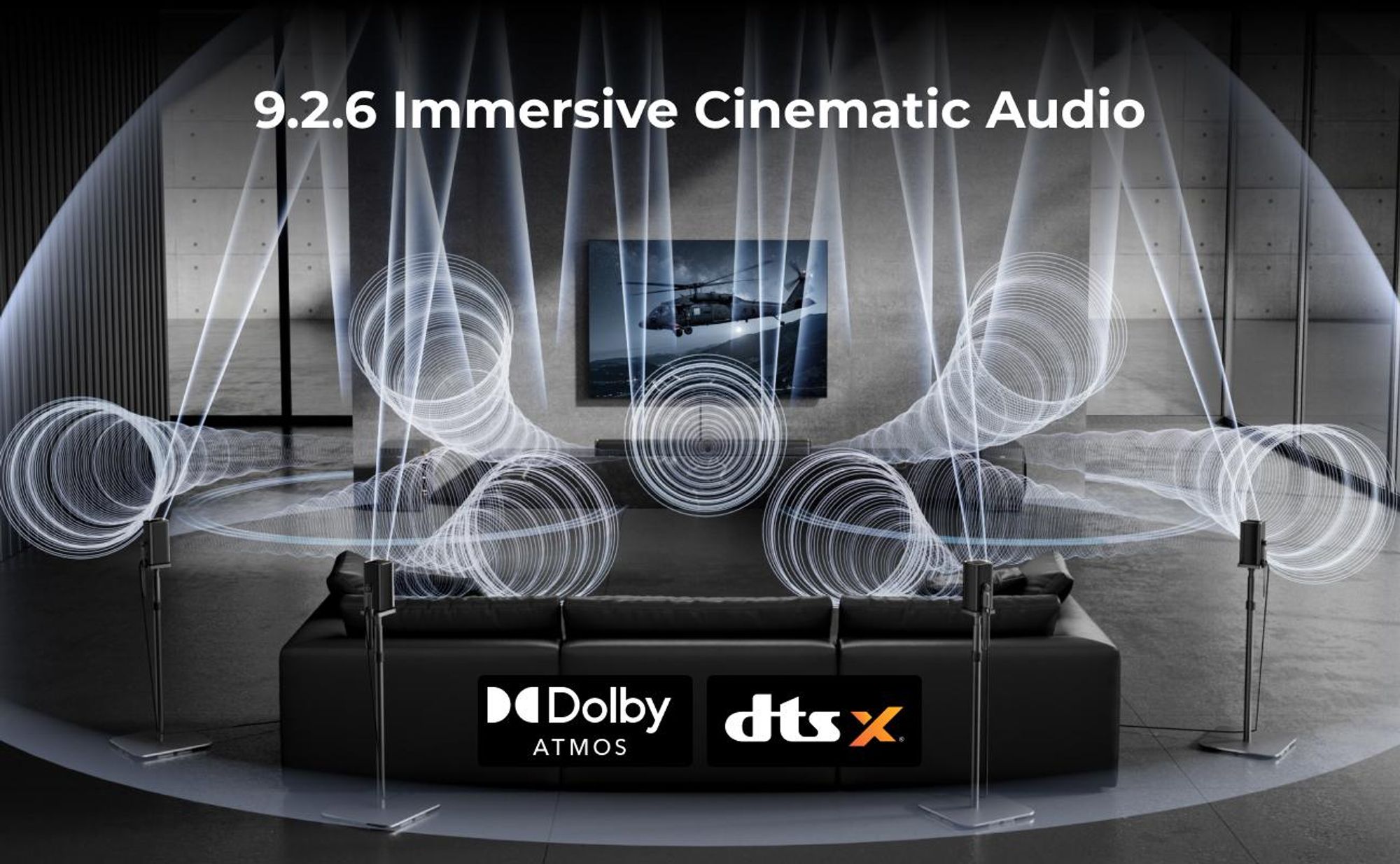 ULTIMEA Skywave X100 Dual 9.2.6, soundbar s technológiami Dolby Atmos & DTS:X, optimalizovaná spoločnosťou THX, s 2 subwoofermi o veľkosti 10 palcov, výkonom 2000 W, podporou 8K a bezdrôtovým pripojením