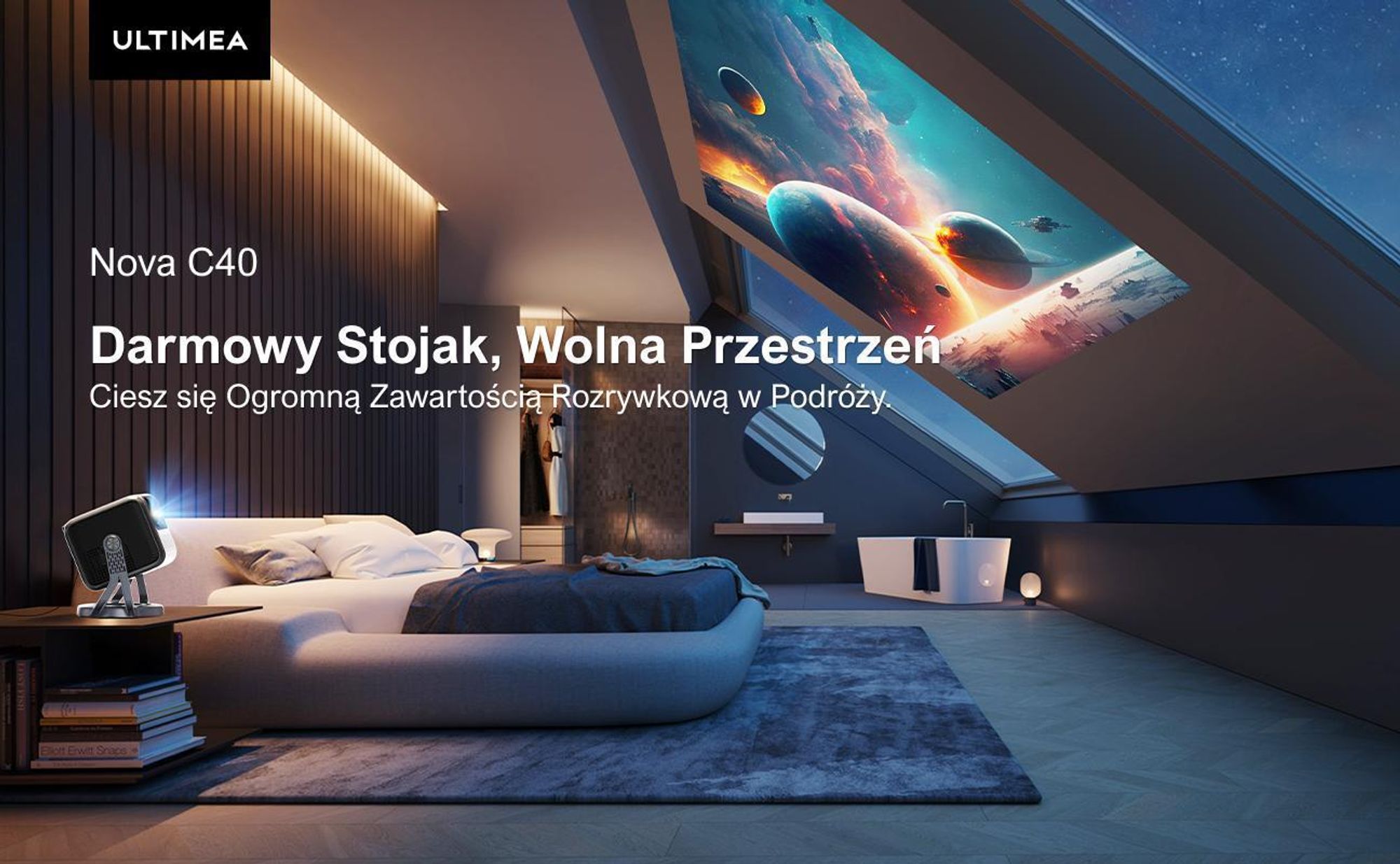 Projektor ULTIMEA Nova C40 z dekodowaniem 4K i systemem Android TV 11.0, 1000:1, Dolby Audio, 600 ANSI, HDR10&HLG, bez statywu z gimbalem 90°