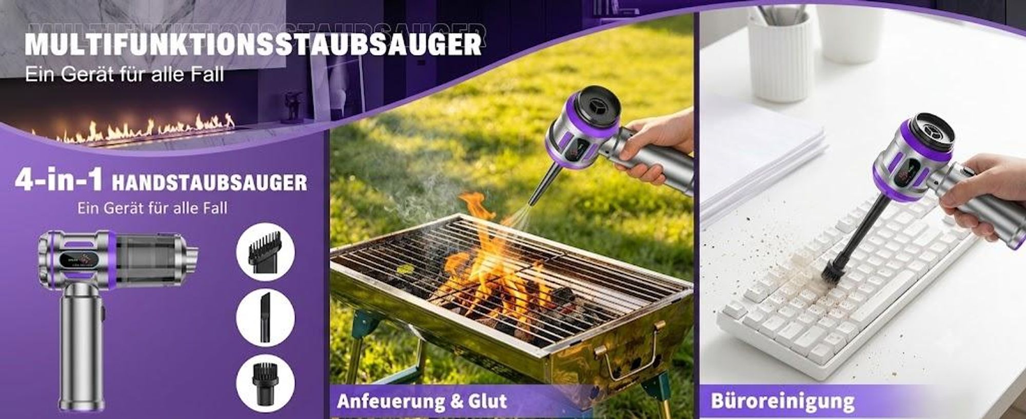 27000Pa/120W Handstaubsauger Akku Kabellos, Upgrade Beutelloser Mini Auto Staubsauger, 4-in-1 Handsauger mit HEPA Filter & 3Stufen,für Auto & Haushalt