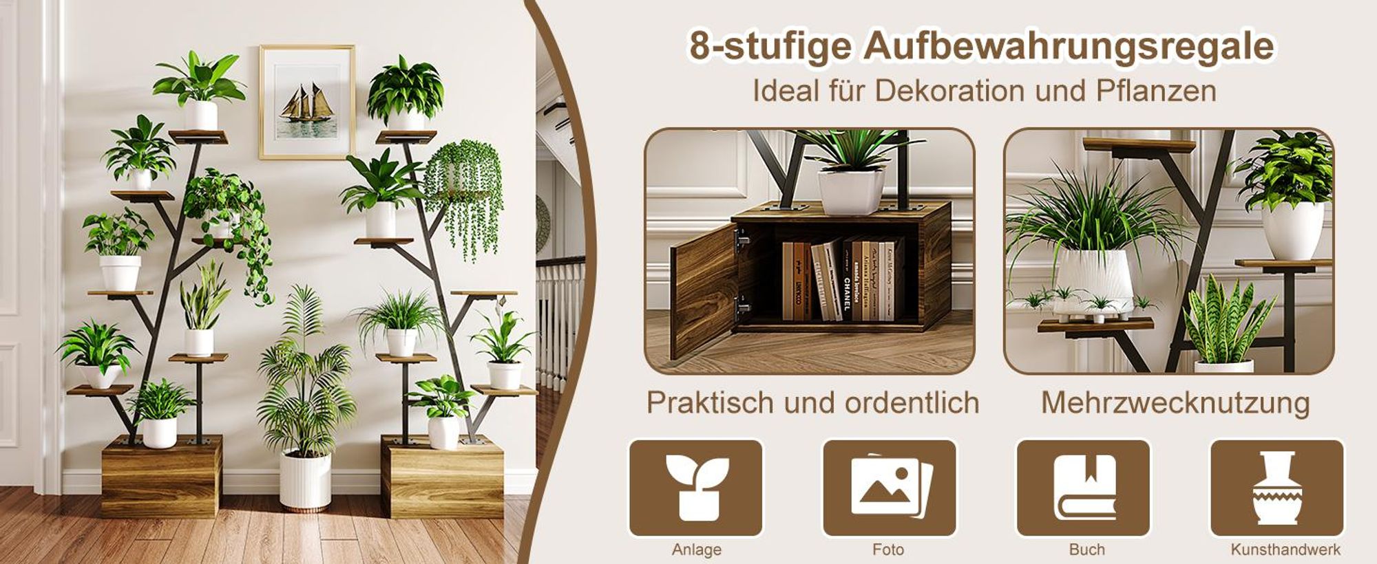 INONEFT 6 Ebenen Blumenständer mit Wachstumslichtern,Metall Holz Pflanzenregal ,Innen Blumentreppe,2 STÜCK