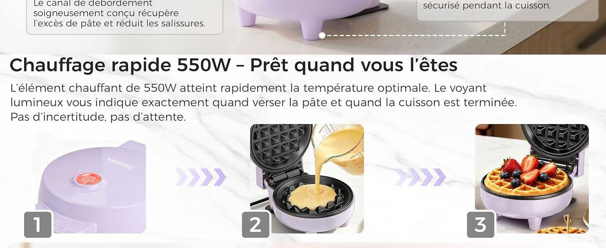 YASHE Mini gaufrier ABW59C, 550 W, plaque 10 cm, antiadhésif, violet