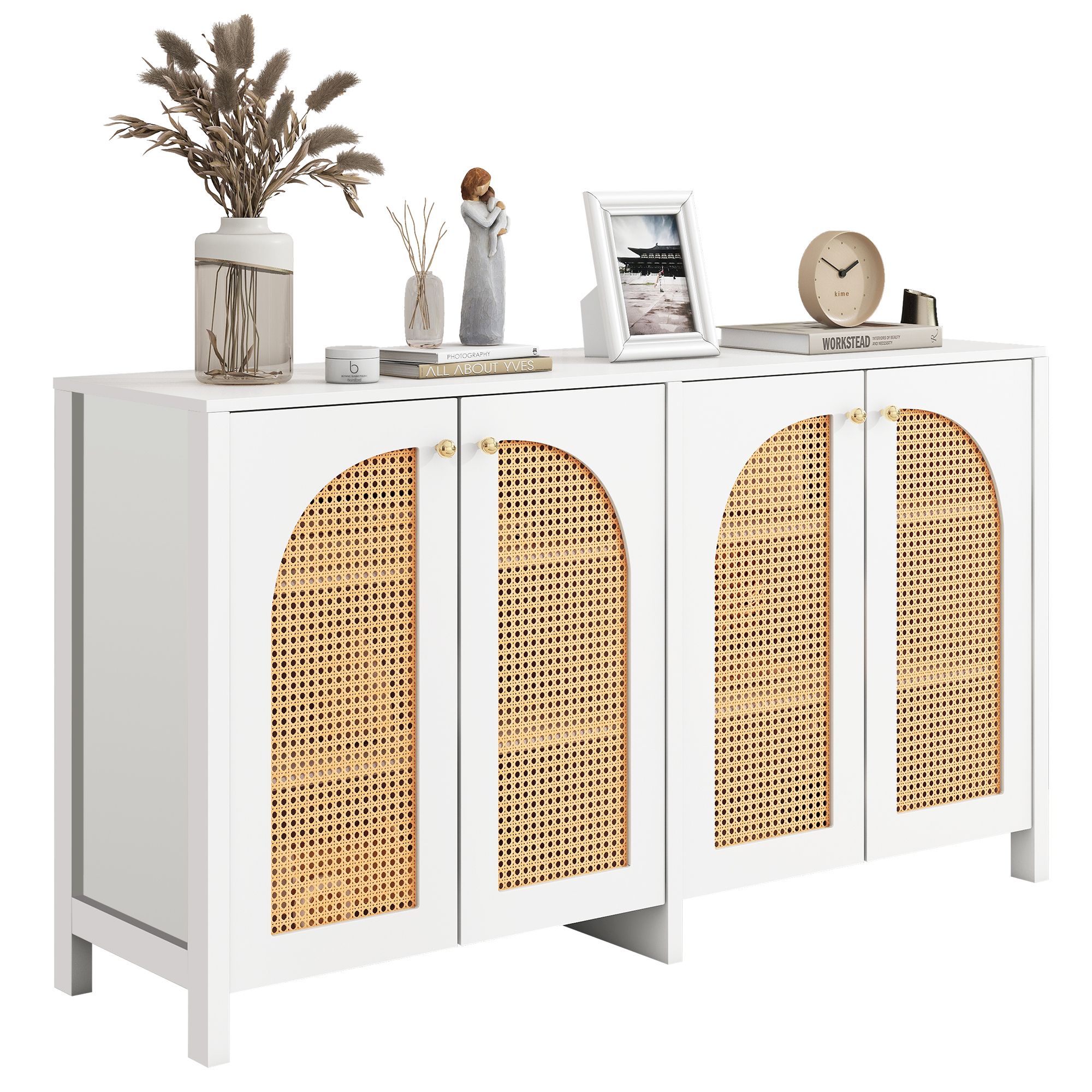 Merax Sideboard mit verstellbaren Einlegböden, Kommode mit Rattantüren, Anrichte für Wohnzimmer, 145x80x40cm, Weiß