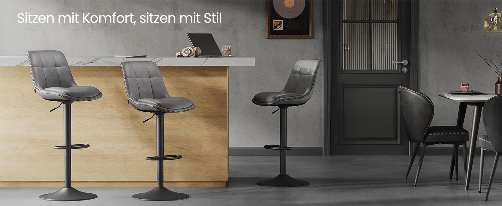 VASAGLE Barhocker 2er Set, höhenverstellbar, drehbar, mit Rückenlehne und Fußstütze, Taubengrau