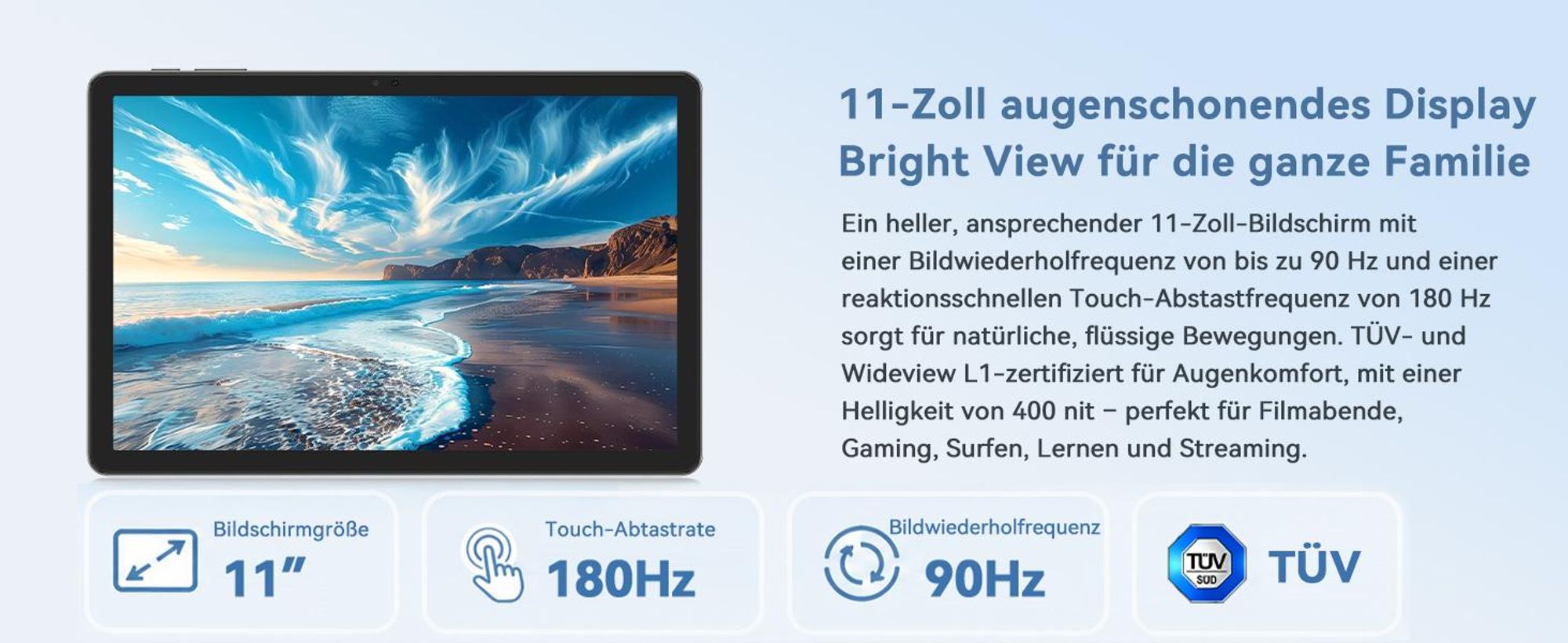 T70 Android 16 Tablet 11", 32GB+256GB(2TB TF), 180Hz Touch, 90Hz Display, 8000mAh, 8MP+13MP, mit Stylus/Cover/Tastatur/Maus, Gesichtserkennung