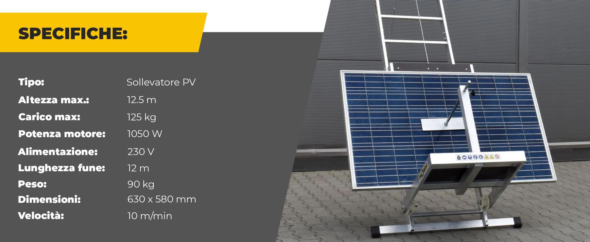 Drabest | Sollevatore da tetto per impianti fotovoltaici, in alluminio, 12,5 m, portata 125 kg, argano elettrico 230 V 1050 W, fune 12 m