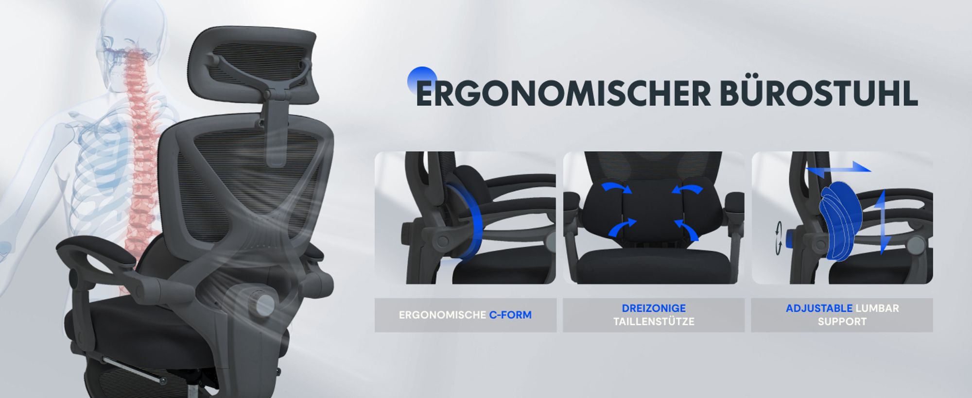 FLEXISPOT Ergonomischer Bürostuhl mit 3D-Kopfstütze, verstellbarer Lendenstütze, Wippfunktion 90–135°, Verbindungsarmlehnen, Fußstütze, 136 kg Schwarz
