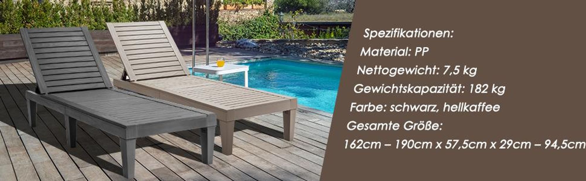 COSTWAY Sonnenliege wetterfest Gartenliege 180kg belastbar Liegestuhl 5 verstellbare Rückenlehne Terrassenliege für Outdoor Garten Terrasse Braun