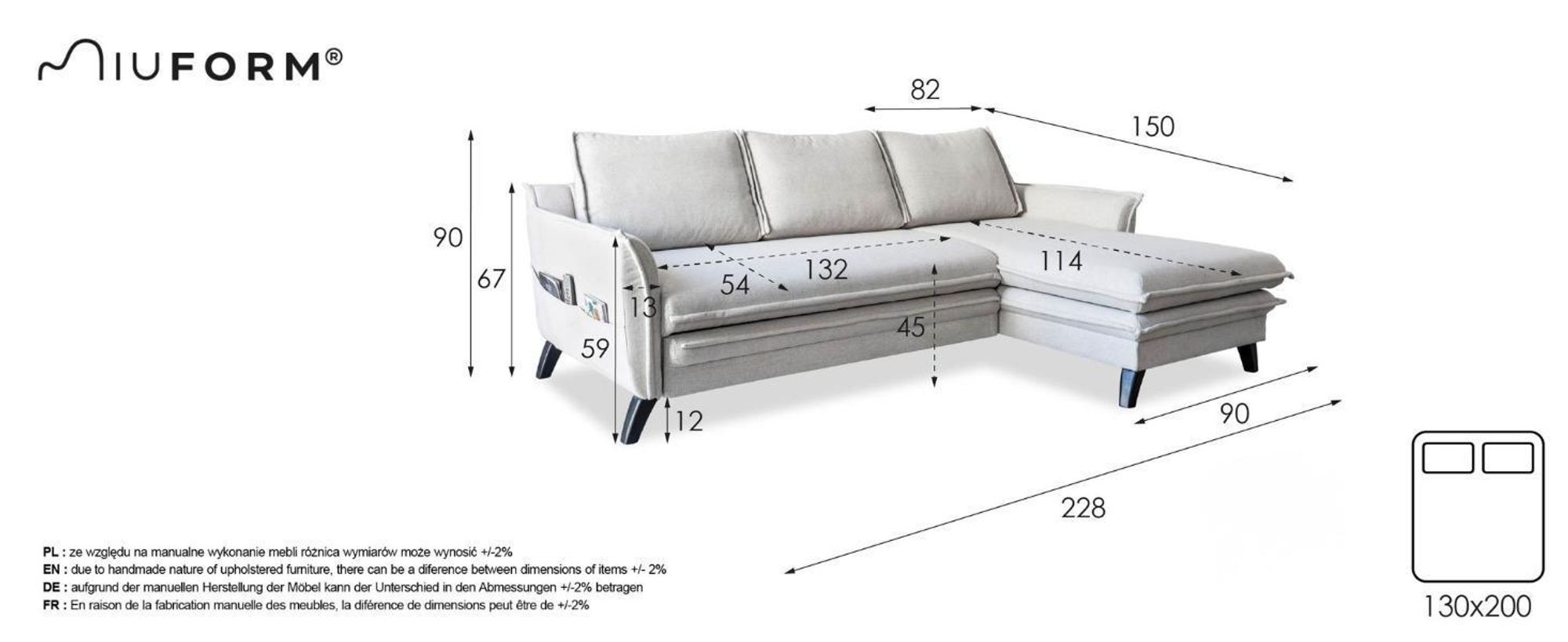 MIUFORM Charming Charlie - Ecksofa mit Bettfunktion und Bettkasten L-FORM RECHTS - 228x150cm - Dunkelgrau - Sofa Schlafsofa Couch