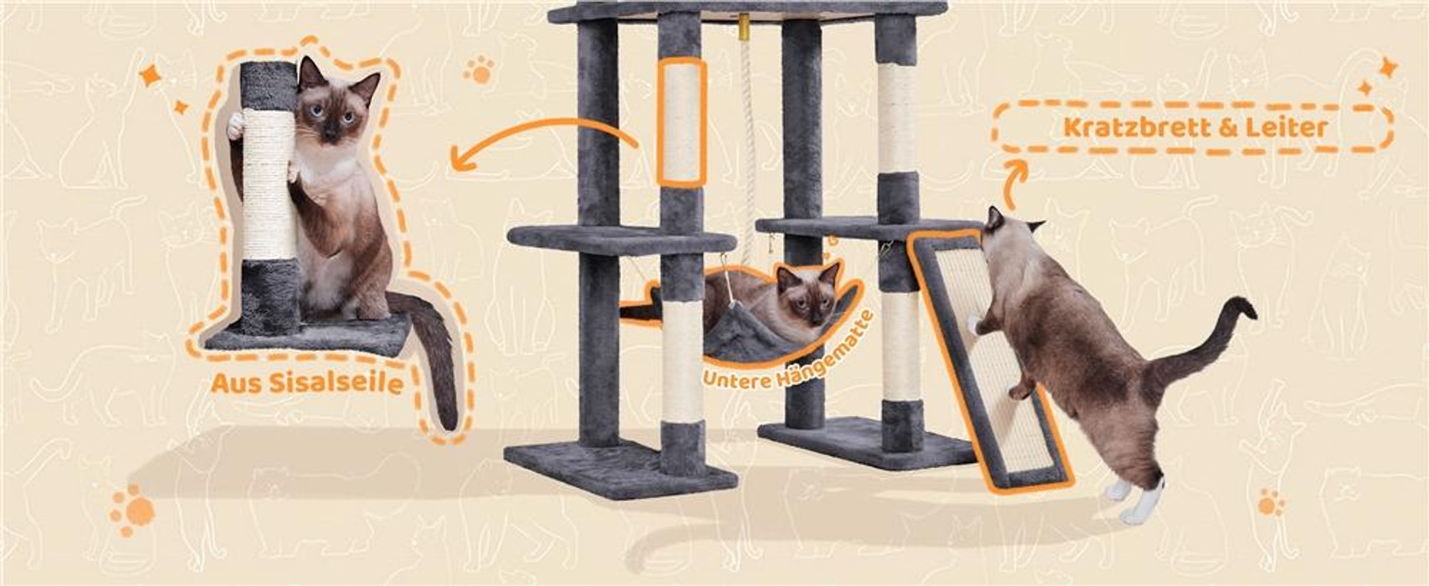 Yaheetech Stabiler Kratzbaum Katzenbaum 159 cm mit Katzenhöhlen & Plattformen Dunkelgrau