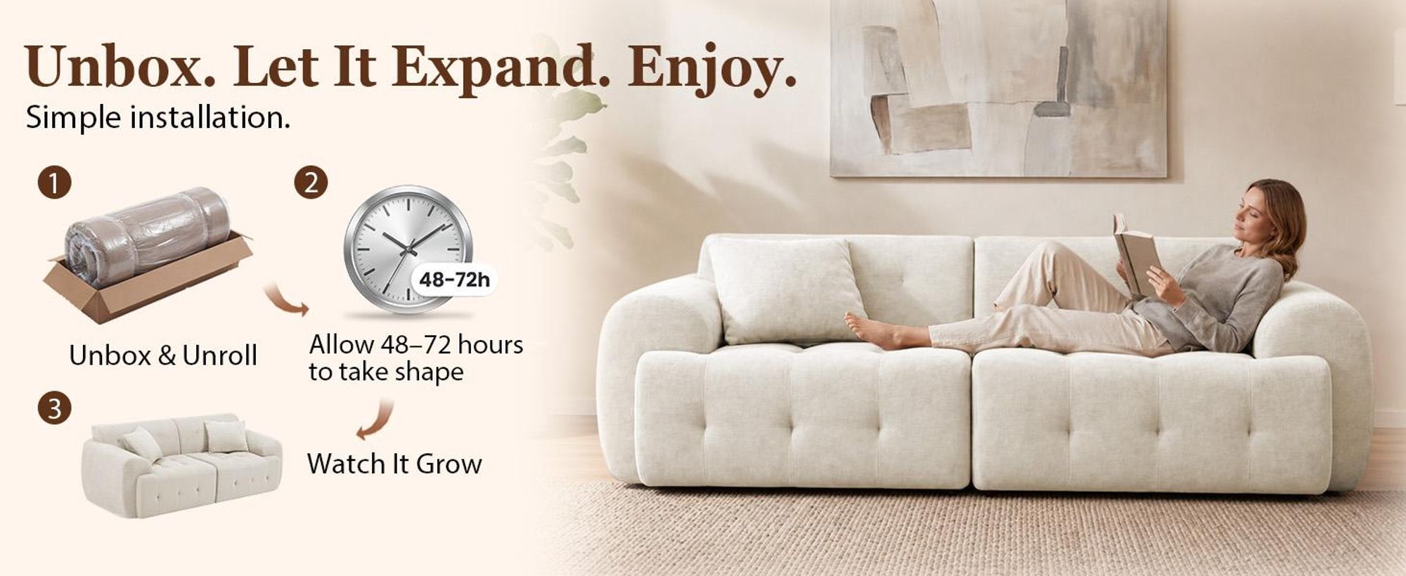 COMHOMA Sofa dwuosobowa, 180 x 86 x 40 cm, sofa przypodłogowa, kanapa z oparciem, poduszkami i podłokietnikami, nowoczesna sofa tapicerowana do salonu, mieszkania, biura, kolor beżowy