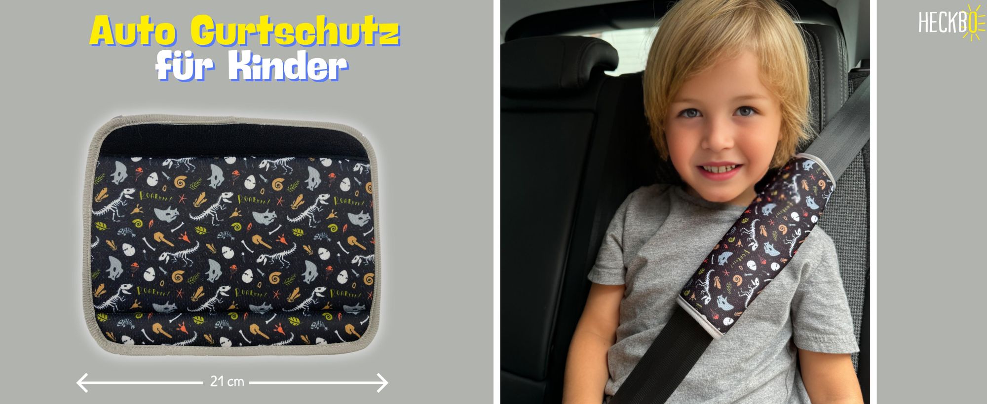 1x HECKBO Kinder Auto Gurtpolster Gurtschutz mit Dinosaurier Dino Skelett Motiv - Sicherheitsgurt Polster für Kinder und Babys- Ideal für jeden Gurt Autositzerhöhungen Kinder Fahrradanhänger Flugzeug
