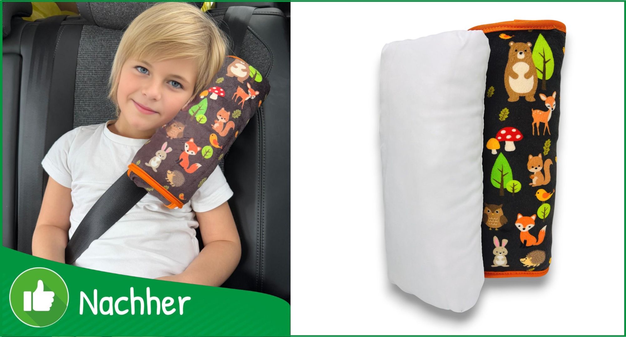 HECKBO® Waldtiere Auto Schlafkissen für Kinder - maschinenwaschbar – kuschelweich - hochwertiges Auto Gurtkissen, Gurtschoner, Gurtkissen, Gurtschutz, Auto Kissen, Reisekissen, Urlaub - 30cm x 12cm