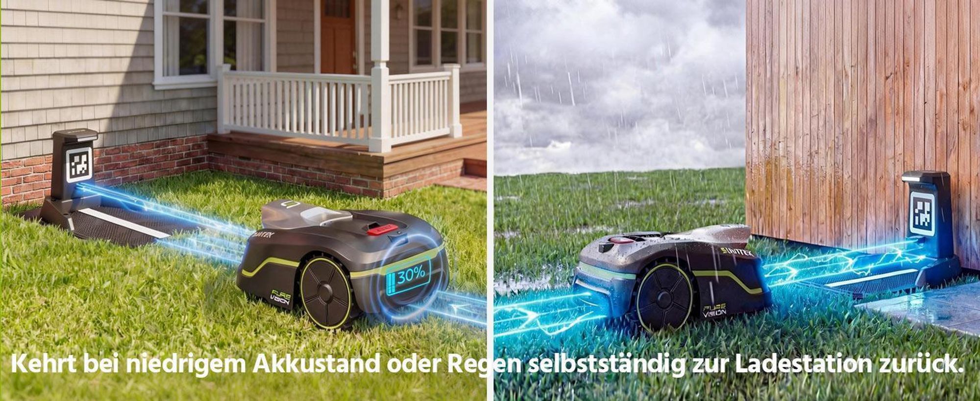 SUNTEK SRM2050 Mähroboter ohne Begrenzungskabel, KI Pure Vision Rasenmäher Roboter für 500 m² mit automatischer Kartierung,APP-Steuerung mit Garage