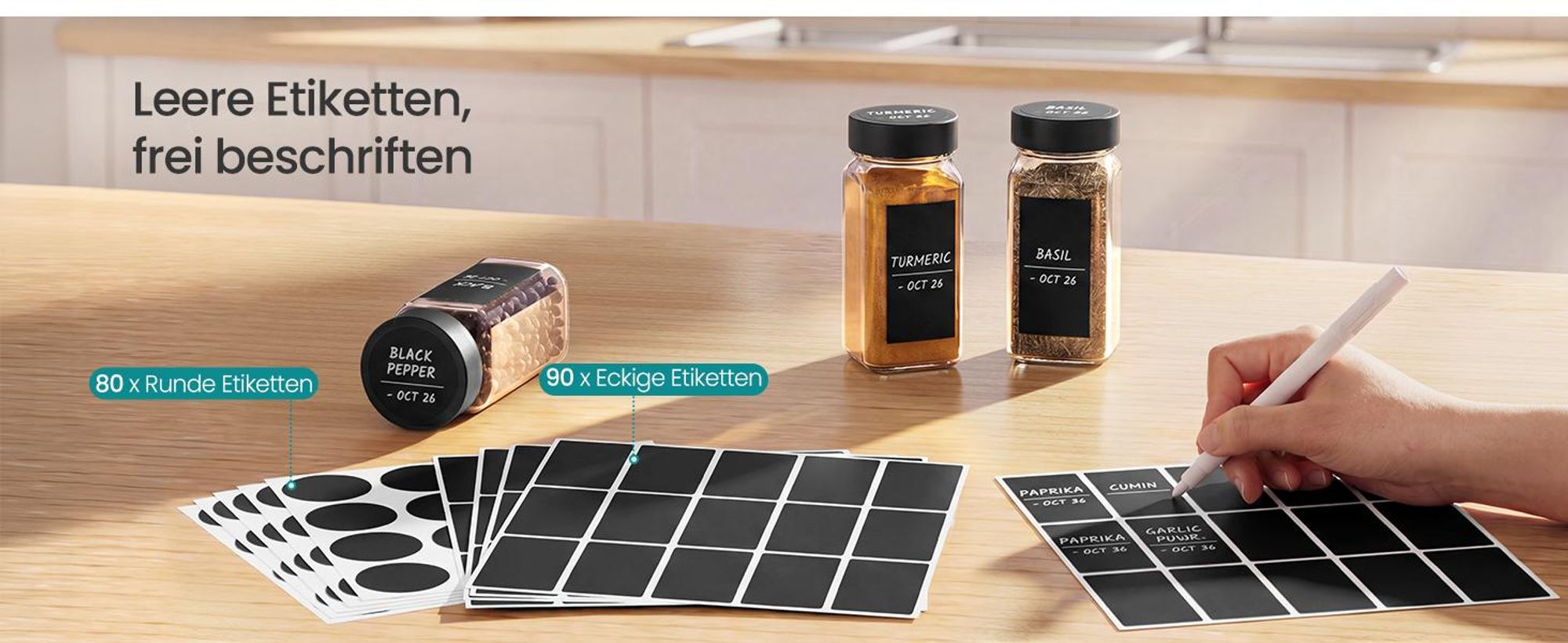 SONGMICS Gewürzgläser 24er Set, Eckige Gewürzdosen aus Glas, Luftdicht mit Etiketten, 120 ml, 4,5 x 4,5 x 10,5 cm, Schwarz