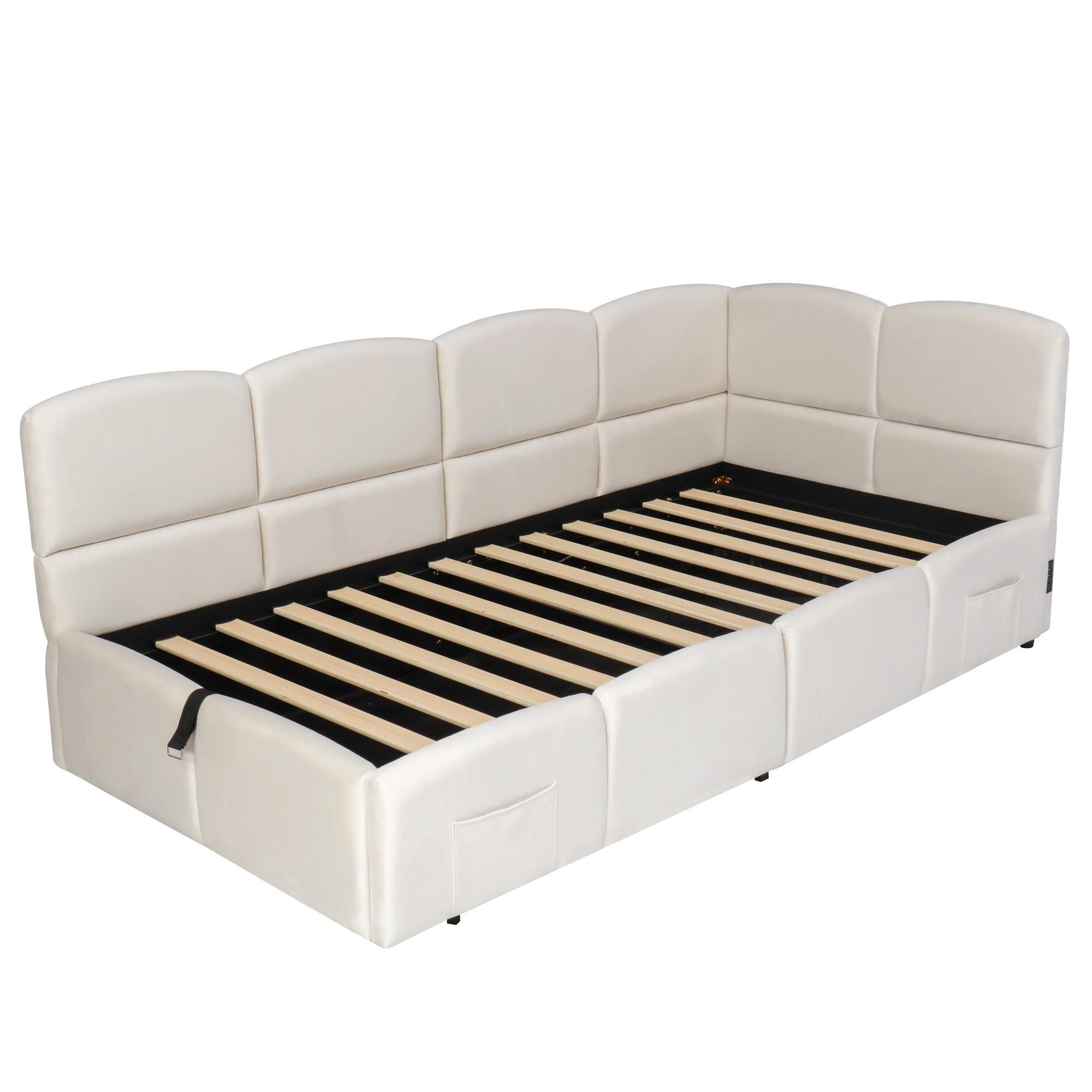 Flieks Hydraulisches Polsterbett 90x200cm mit Stauraum, Schlafsofa Tagesbett mit USB & Type-c, Stauraumbett Einzelbett, Samt, Beige