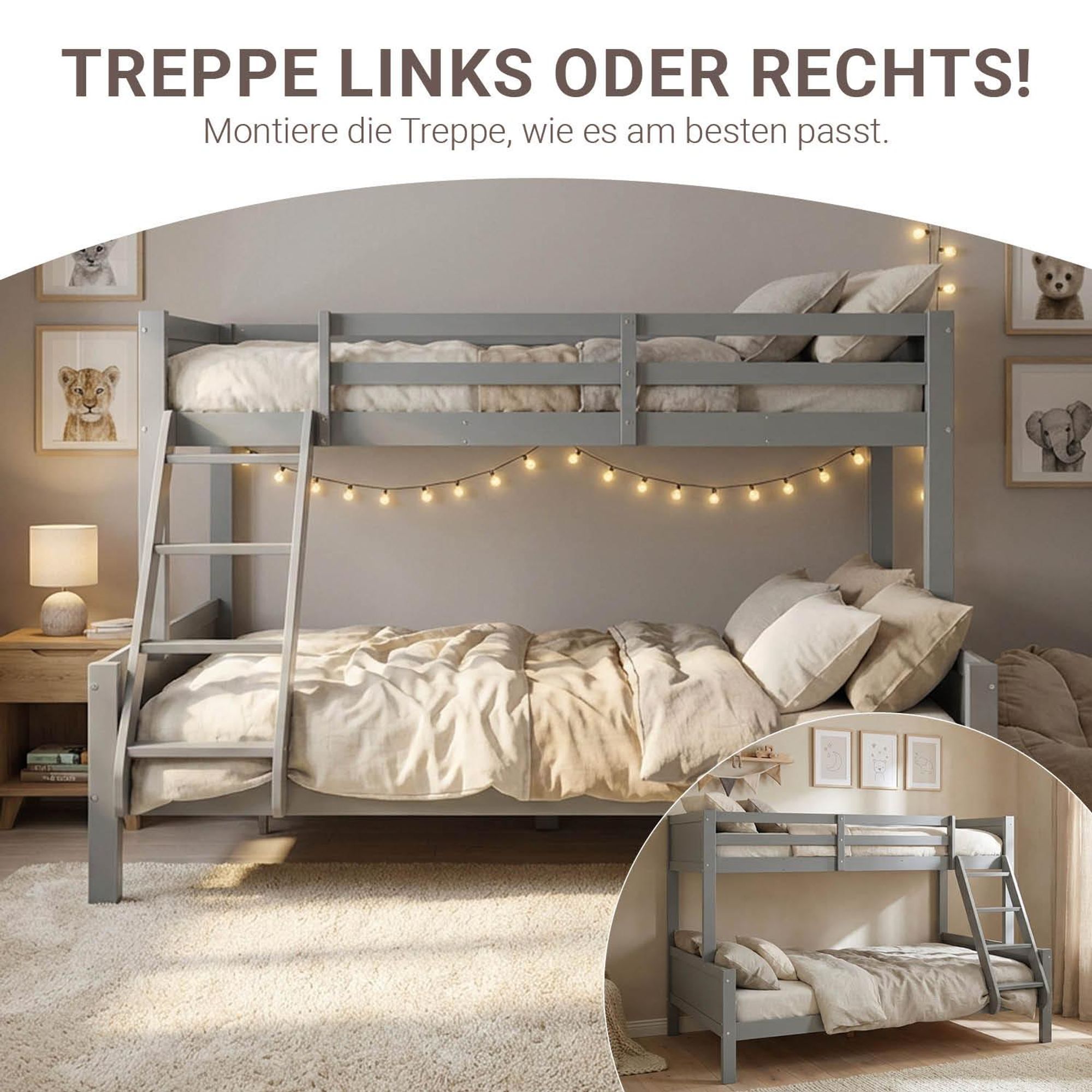 Die Leiter vom Kinderbett ist individuell rechts oder links montierbar.