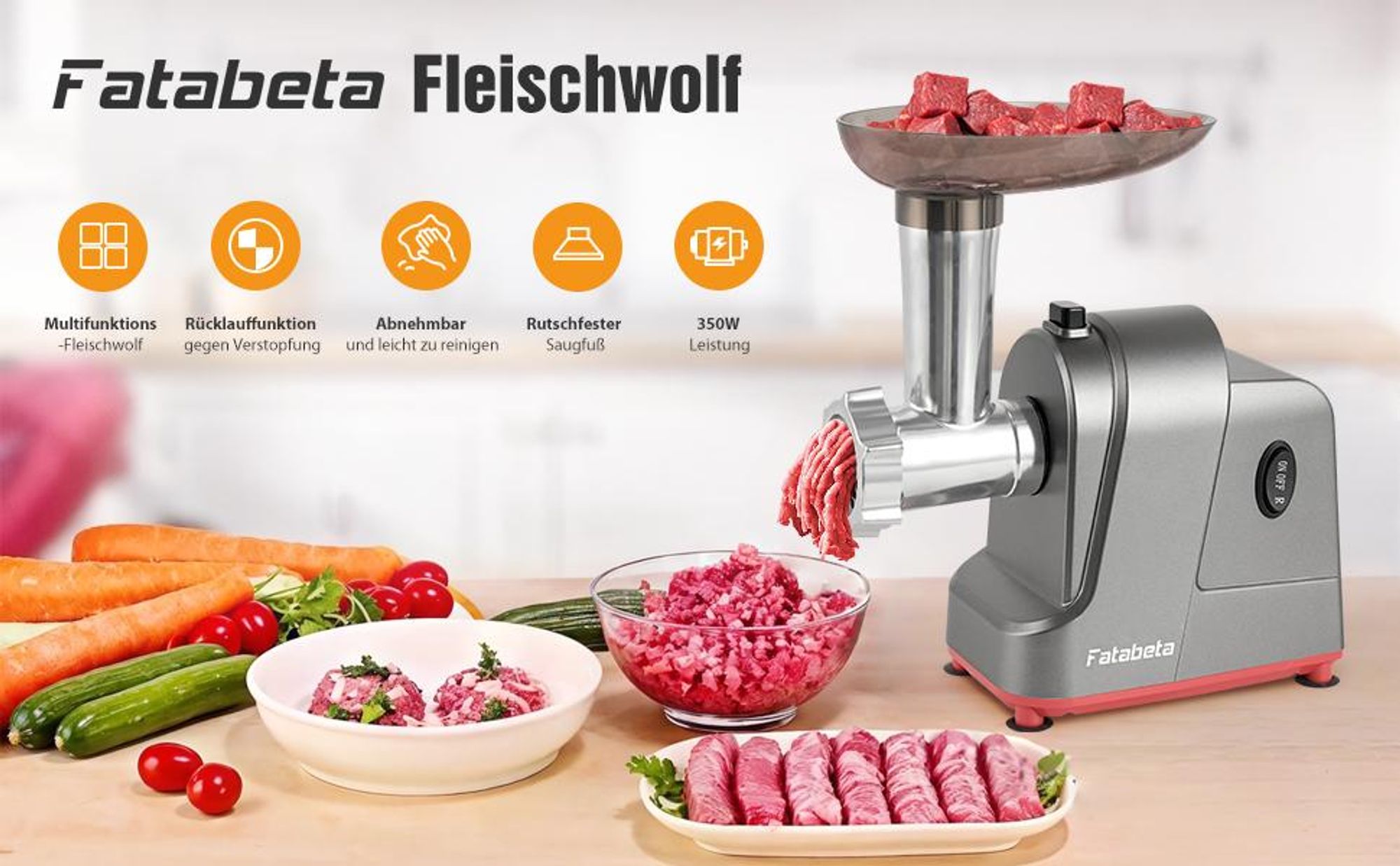 FATABETA Fleischwolf Elektrisch 2800W mit Schneidklingen,3 Edelstahl Loch-Scheiben,Wurstfüller,Kubbe-Kit,Aufsatz für Plätzchen ,Edelstahl