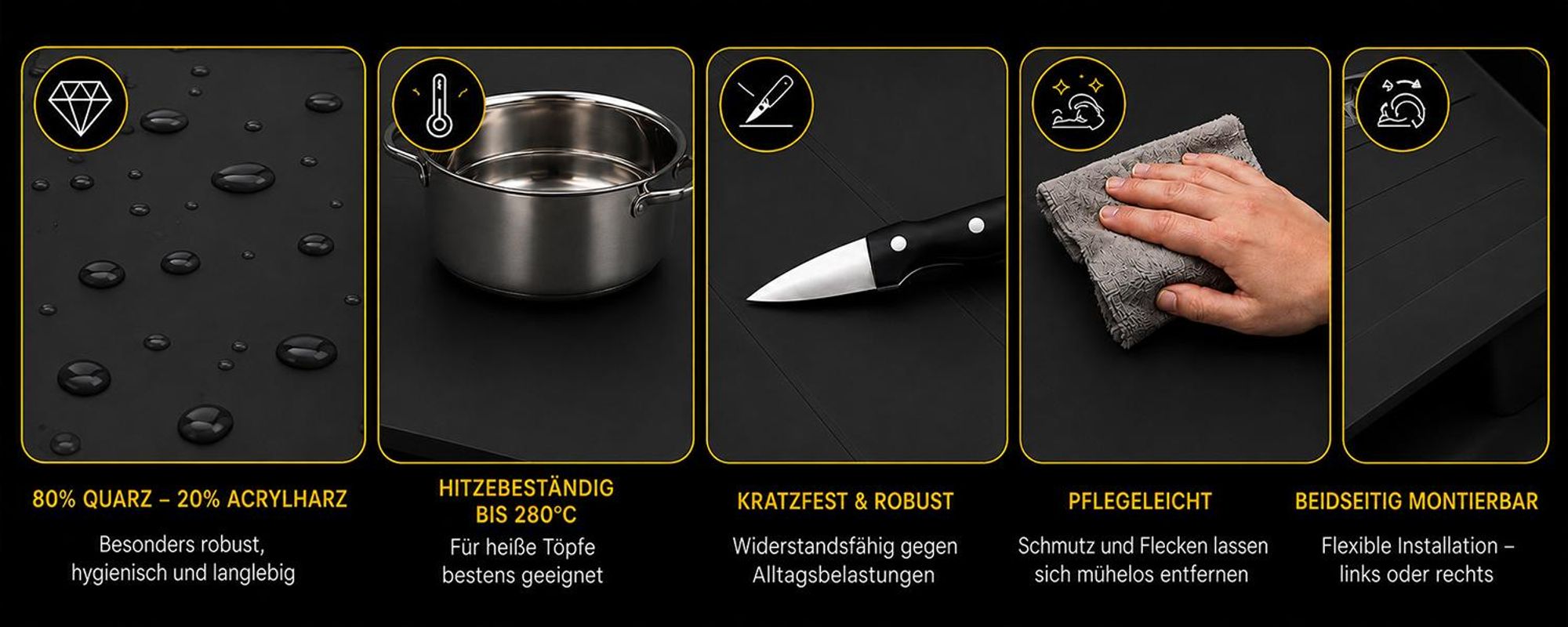 [Granitspüle 76x44 Schwarz]Hochwertig beidseitig Montierbar Küchenspüle Eckig Einbaugranitspüle Granit Spülbecken f. Unterschränke ab 45 cm inkl.Siphon Set