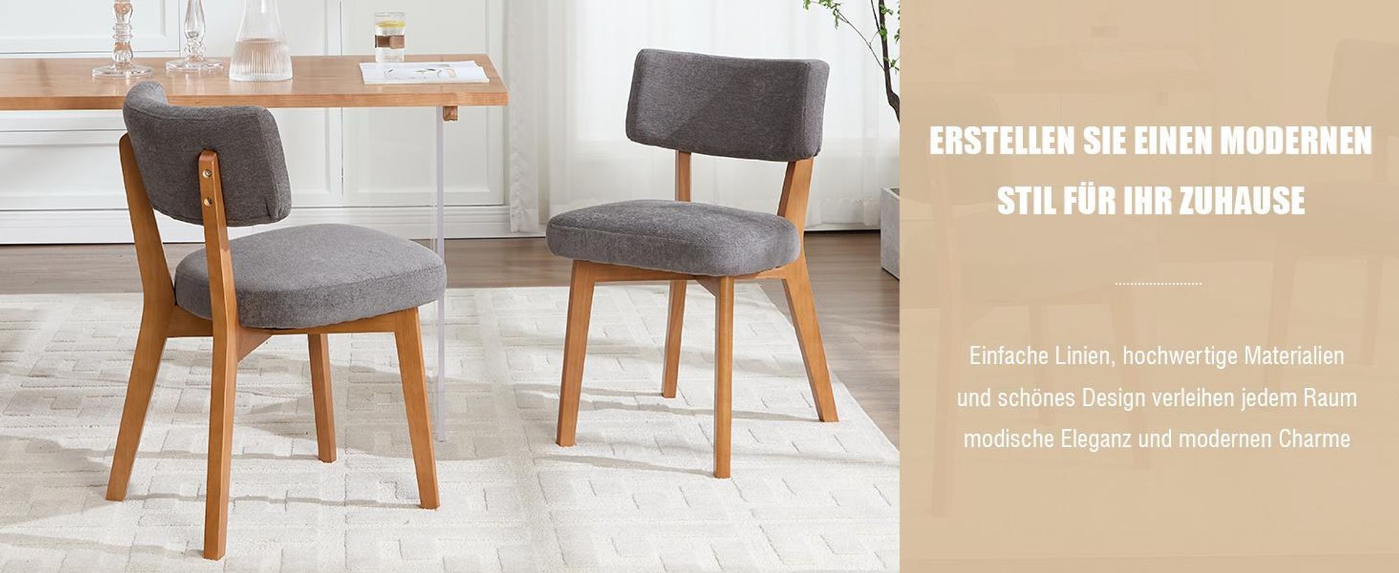 LVHOM Massiver Polsterstuhl 2er Set mit Leinenbezug, Ergonomischer Esszimmerstuhl mit Rückenlehne, Küchenstuhl, Mid Century Wohnzimmerstuhl, Grau