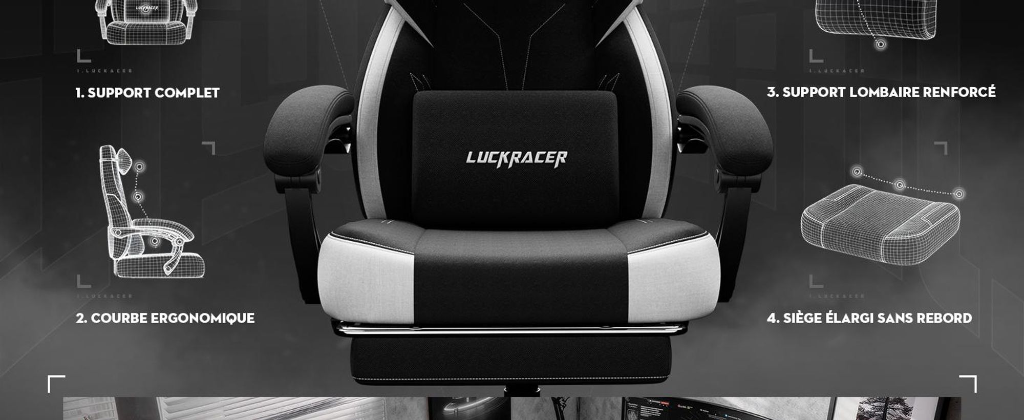 Chaise de jeu GTPLAYER Fauteuil de jeu ergonomique Chaise de bureau PC Gamer Racing chaise en tissu, coussin d'assise en plumes avec repose-pieds noir