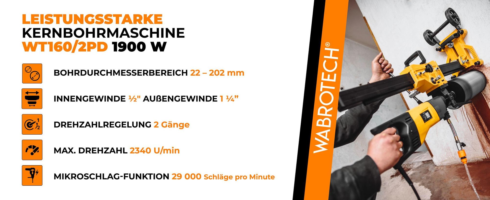 Kernbohrgerät Handgeführt mit Mikroschlag 1900 W Diamant-Kernbohrmaschine 2340 U/min Freihand Kernbohrgerät mit 2 Gänge 22-202 mm