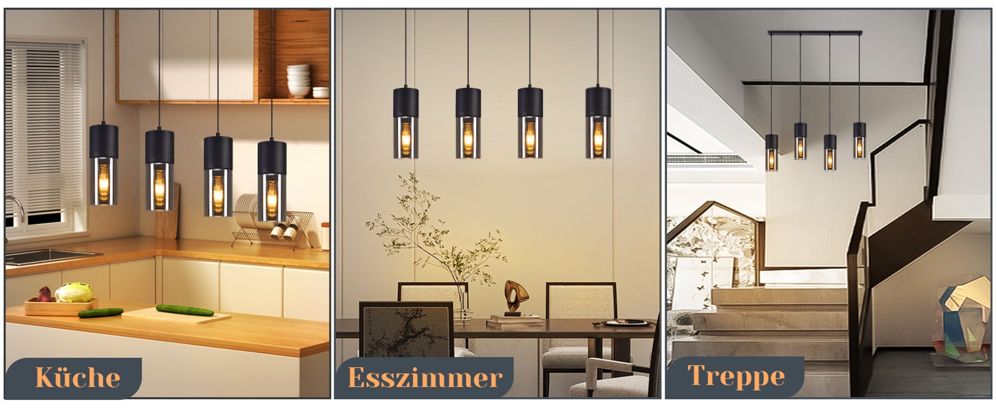 ZMH Pendelleuchte Esstisch Hängeleuchte E27 Pendellampe 4 Flammig Verstellbare LED Modern Lampenschirm Glas Lampen Schwarz Kronleuchter für Küche Wohnzimmer Schlafzimmer