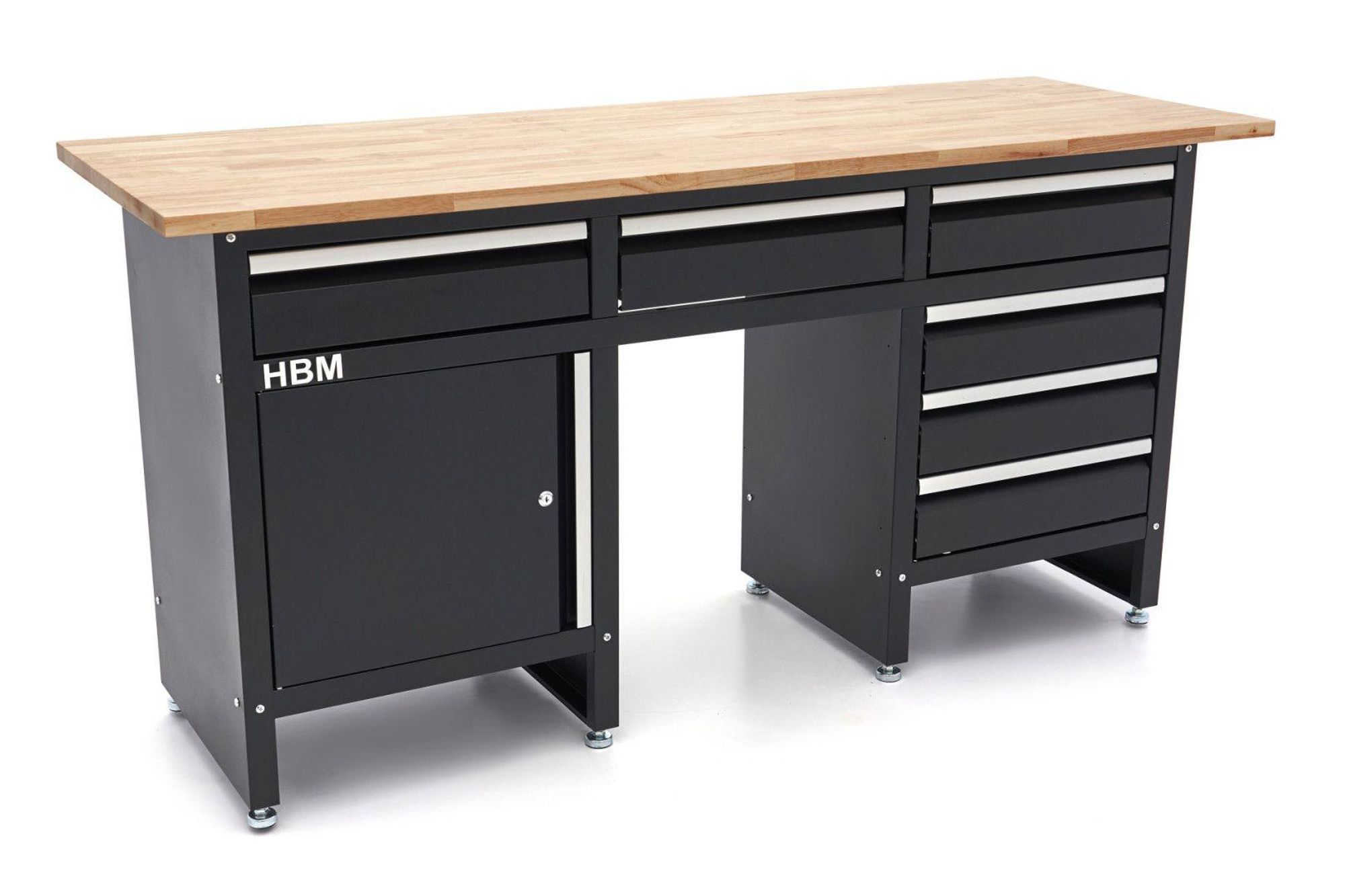 HBM Werkbank 171 cm mit 6 Schubladen und Tür, Arbeitsplatte aus Massivholz, schwarz