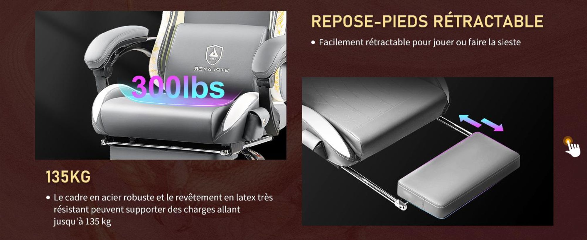 GTPLAYER Chaise de jeu Chaise de jeu avec haut-parleurs Bluetooth et repose-pieds, Dragon Series Chaise de bureau, fauteuil pivotant ergonomique, chaise d'ordinateur Gris