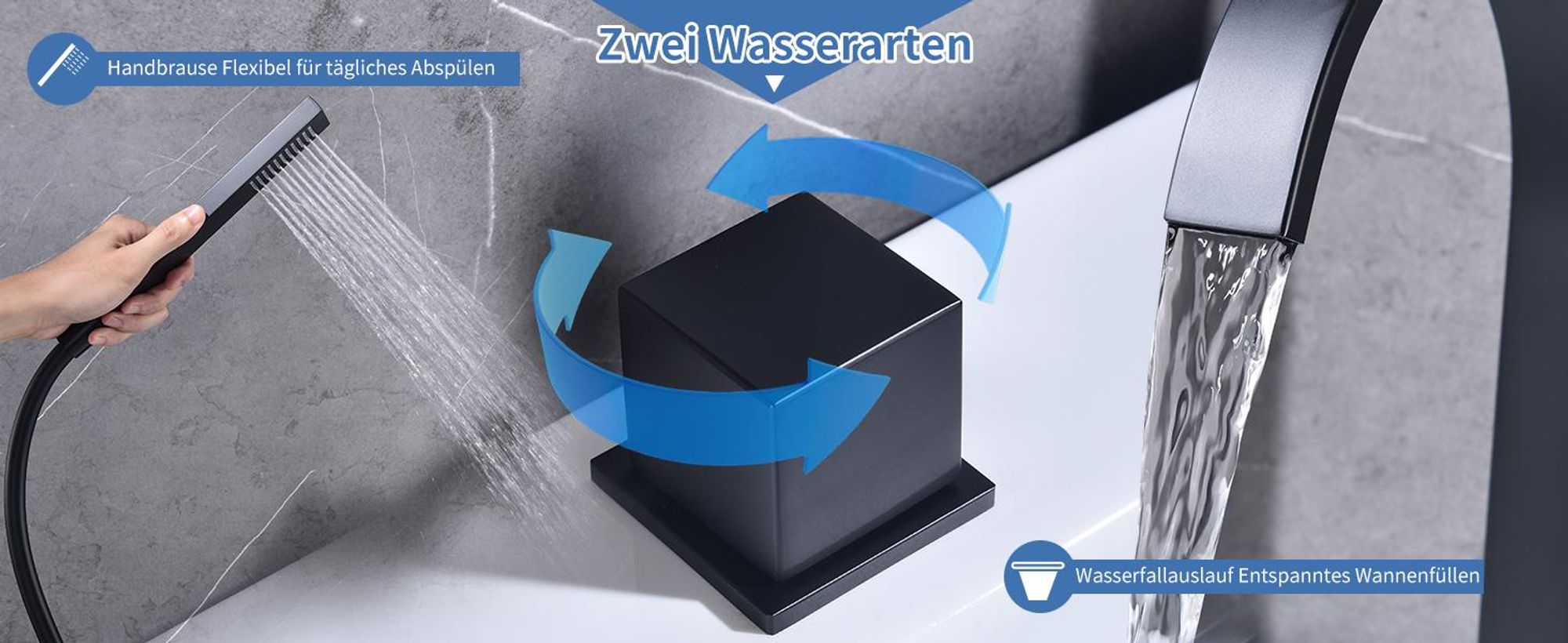Homelody Badewannenarmatur 4 Loch Schwarz, Badewanne wasserhahn Duschset mit Armatur Handbrause Wasserfall Wannenarmatur