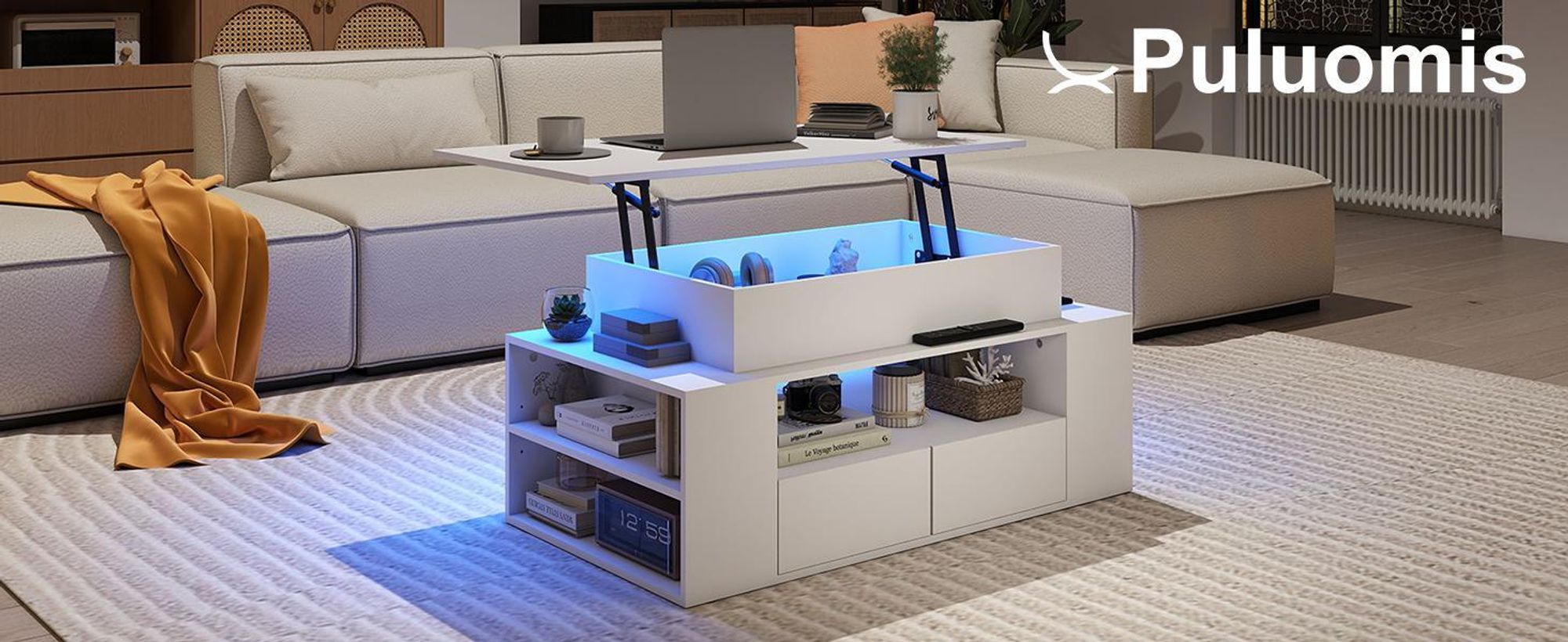 Puluomis Couchtisch mit Schublade, Abhebbarer Tischplatte, RGB Lichtleiste mit App Steuerung Kaffeetisch Schreibtisch Sofatisch für Wohnzimmer weiß