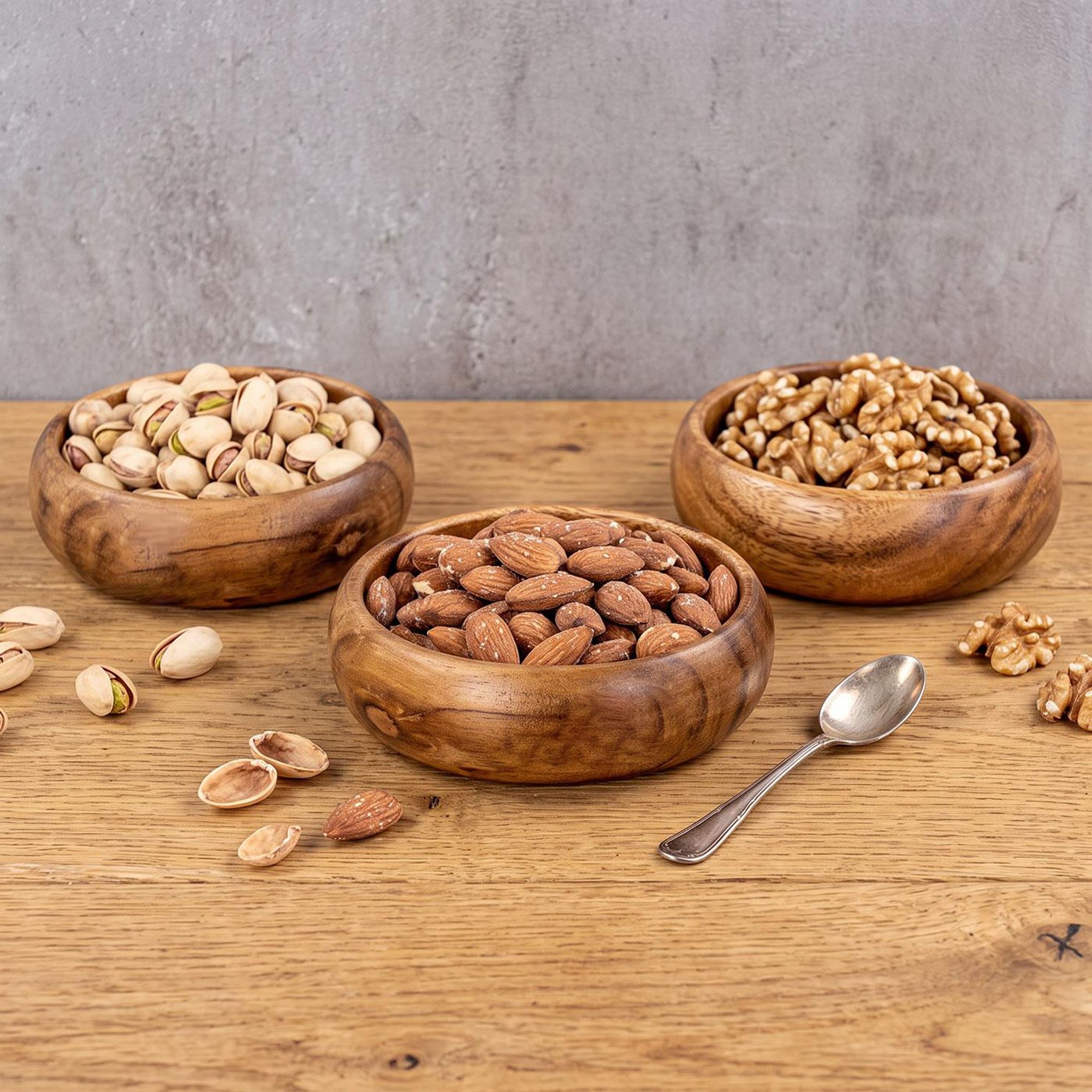 3er Set Snackschale Holz Akazie 10x3cm Rund Design Schale Obstschale Dekoschale