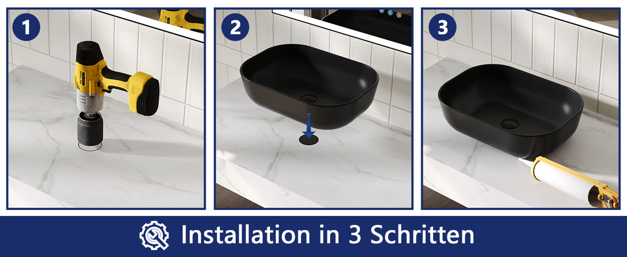 Schwarzes Keramik Aufbauwaschbecken rechteckig 50 × 40 × 14,5 cm – Modernes Bad Design von DeerValley
