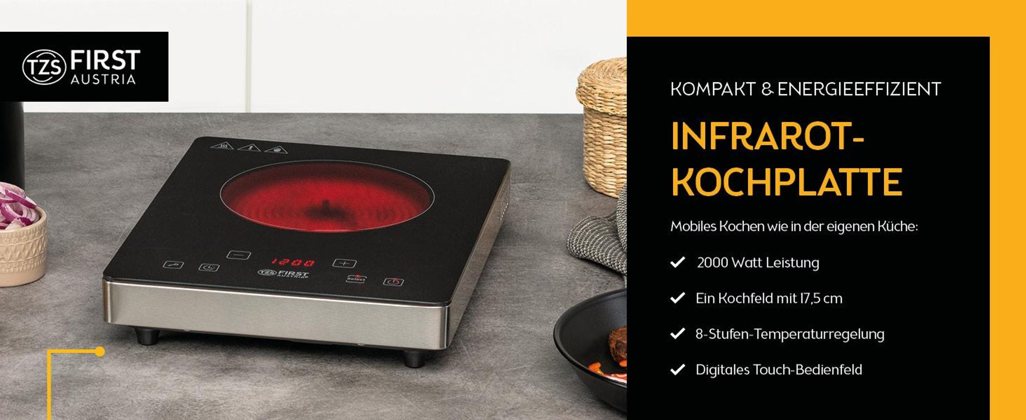 TZS First Austria - Infrarot Kochplatte 2000W - Temperaturregelung, Überhitzungsschutz, Kindersicherung - Touch-Bedienfeld & Timer