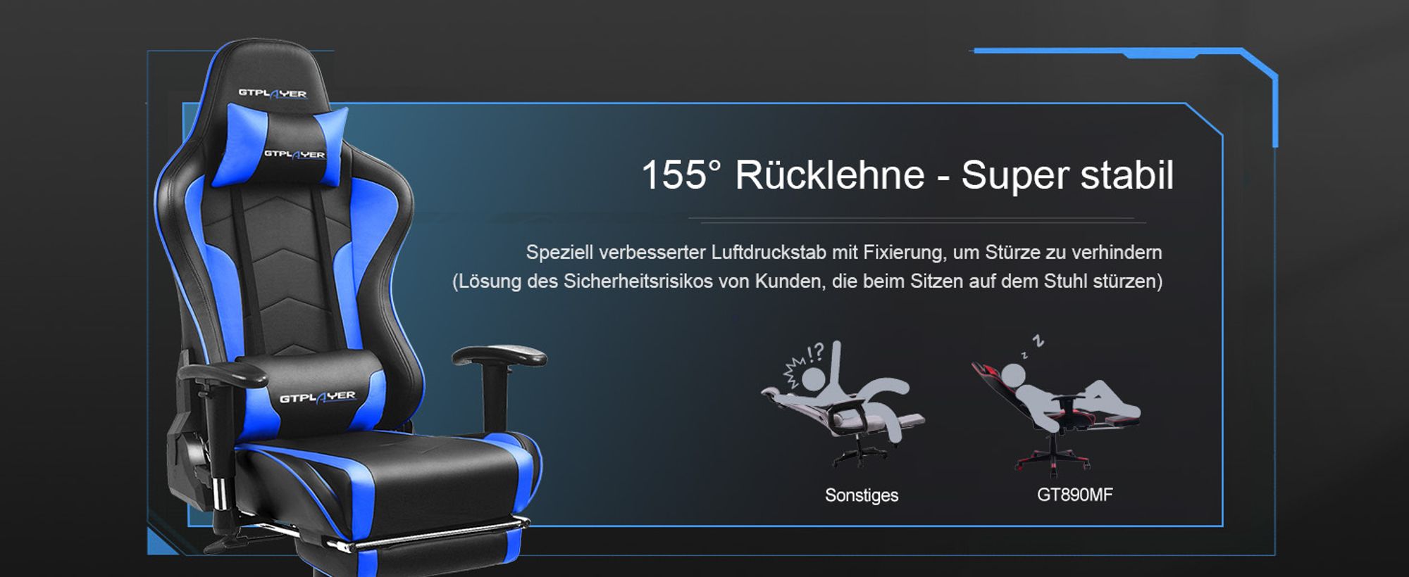 GTPLAYER Gaming Stuhl Mit Bluetooth Hi-Fi Stereo Musik Lautsprecher, Bürostuhl Schreibtischstuhl, Ergonomisches Design Multi-Funktion(schwarz-blau)